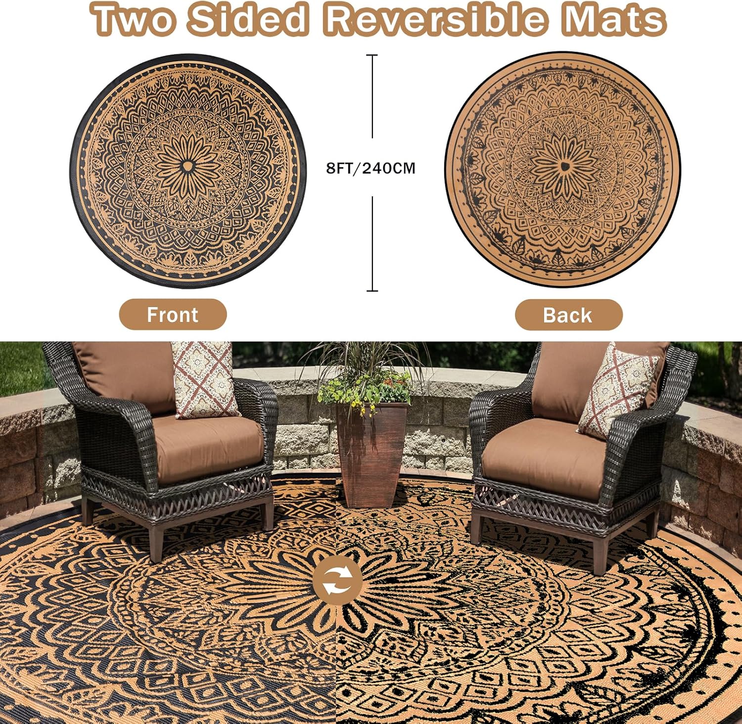 Round Outdoor Rugs 8Ft Waterproof, Outdoor Reversible Mats, Lightweight Plastic Straw Rug, Portable RV Camping Mat Floor Carpets for Deck Porch Picnic Beach Garden, Black/Camel
