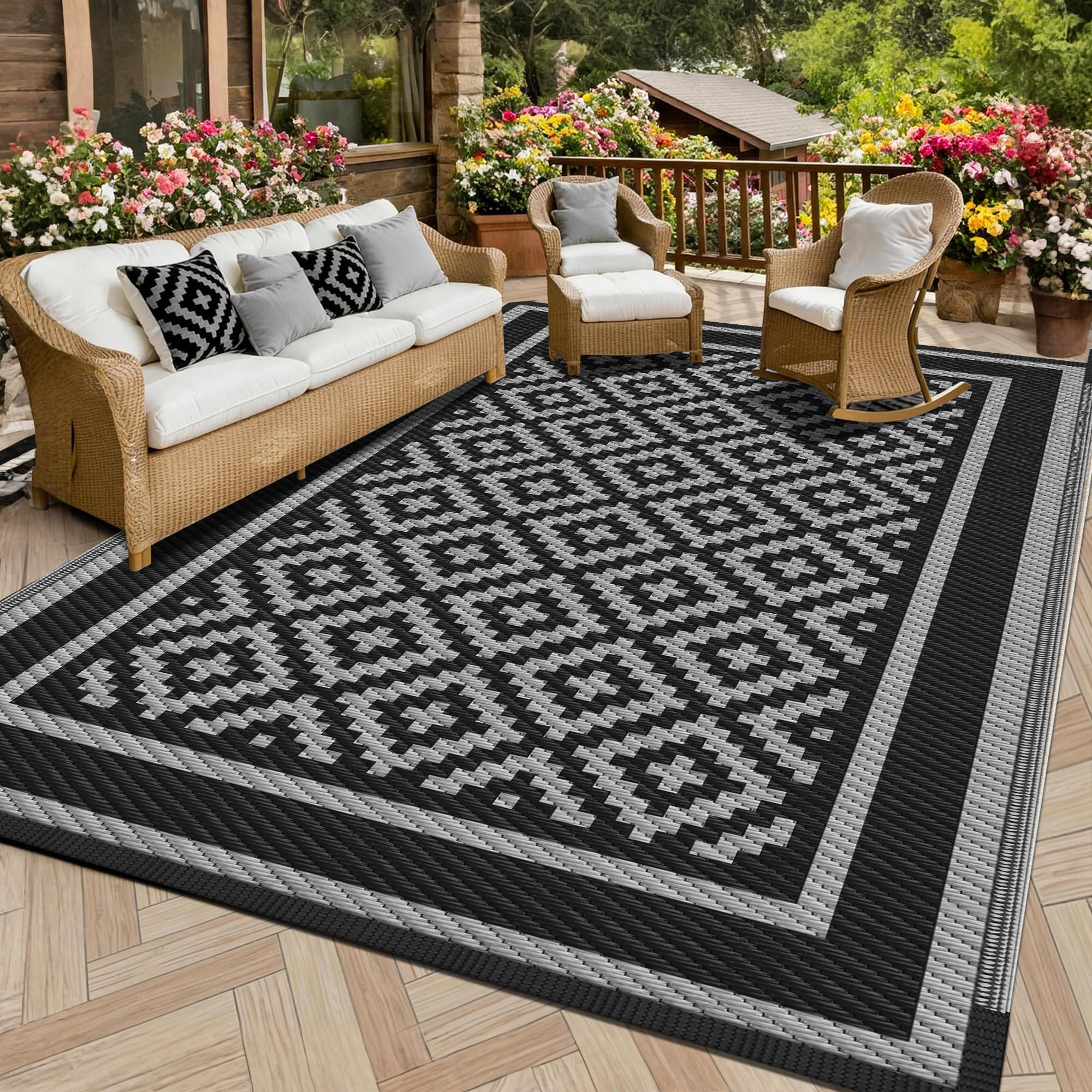 Kohree Outdoor Rug 9x12 Reversible, Waterproof Outdoor Plastic Straw Rug RV Patio Mat, Non-Slip Easy-Cleaning RV Outdoor Mat Carpet for Deck, Patio, Camping, Balcony, Deck, Backyard (Grey & White)