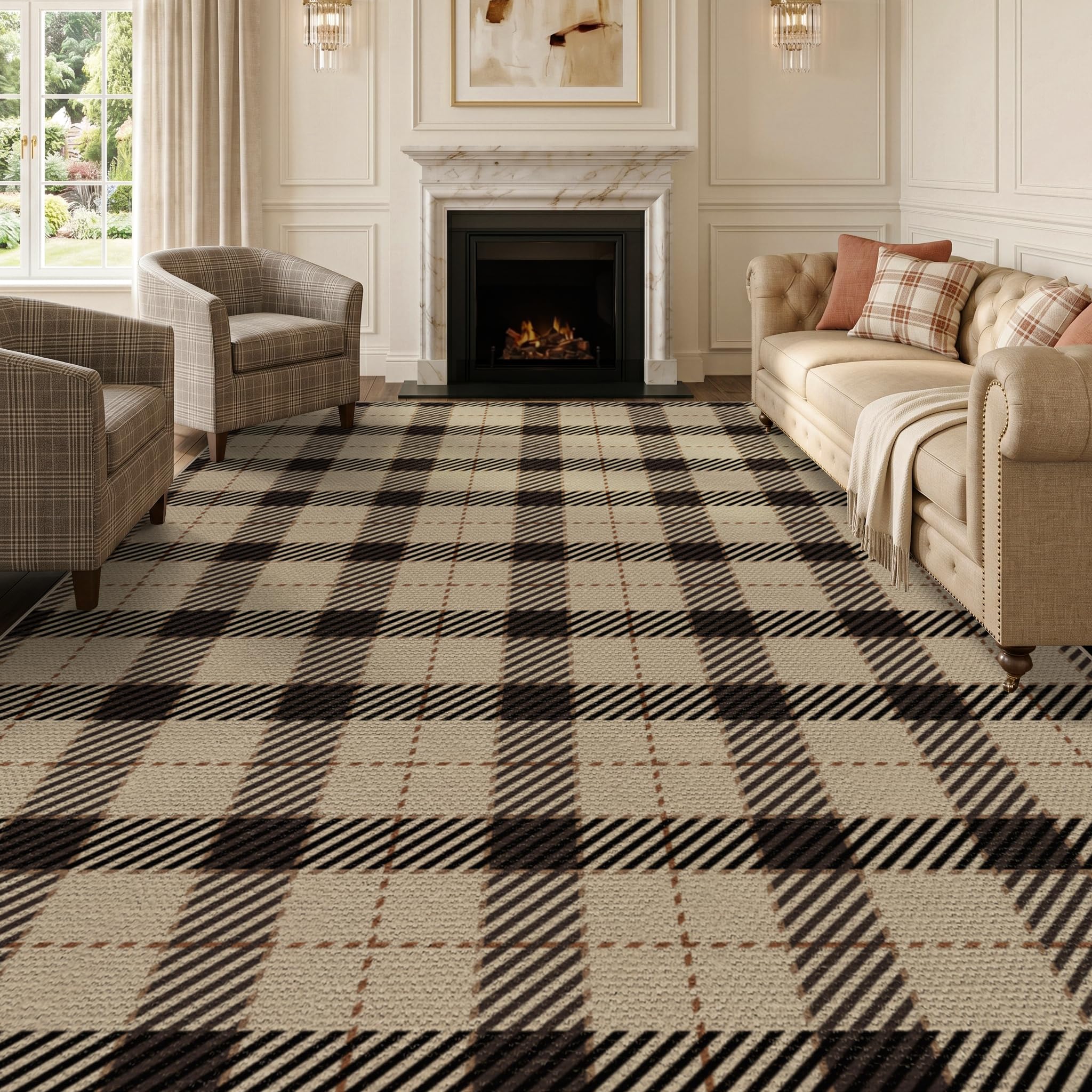 Washable Plaid Indoor Outdoor Rug 3x5 for Front Porch, Entryway, Patio, No Shed Easy Jute Non Slip TPR Backing Area Rug for Large Kitchen, Farmhouse Black & Tan Checkered Seegrass Aesthetic