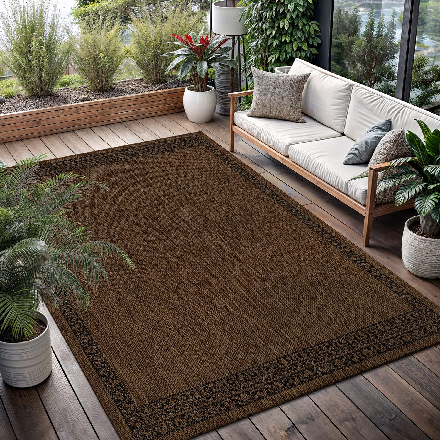 Washable Outdoor Rug 5x7 Modern Area Rugs Outdoor Carpets Striped Pattern Non Shedding Waterproof Easy Clean Patio Deck Porch Living Room Bedroom Garden RV (5 X 7 Olive)