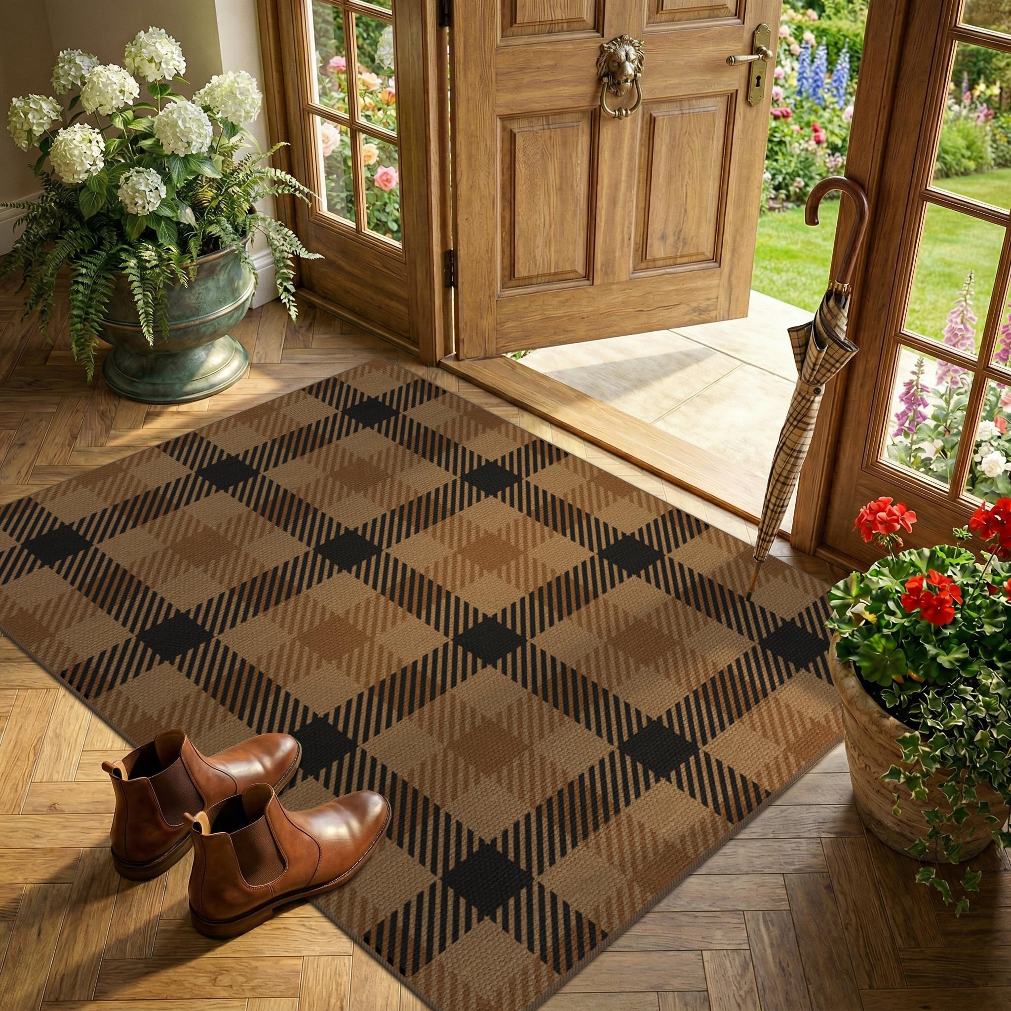 Washable Plaid Indoor Outdoor Rug 3x5 for Front Porch, Entryway, Patio, No Shed Easy Jute Non Slip TPR Backing Area Rug for Large Kitchen, Farmhouse Black & Tan Checkered Seegrass Aesthetic