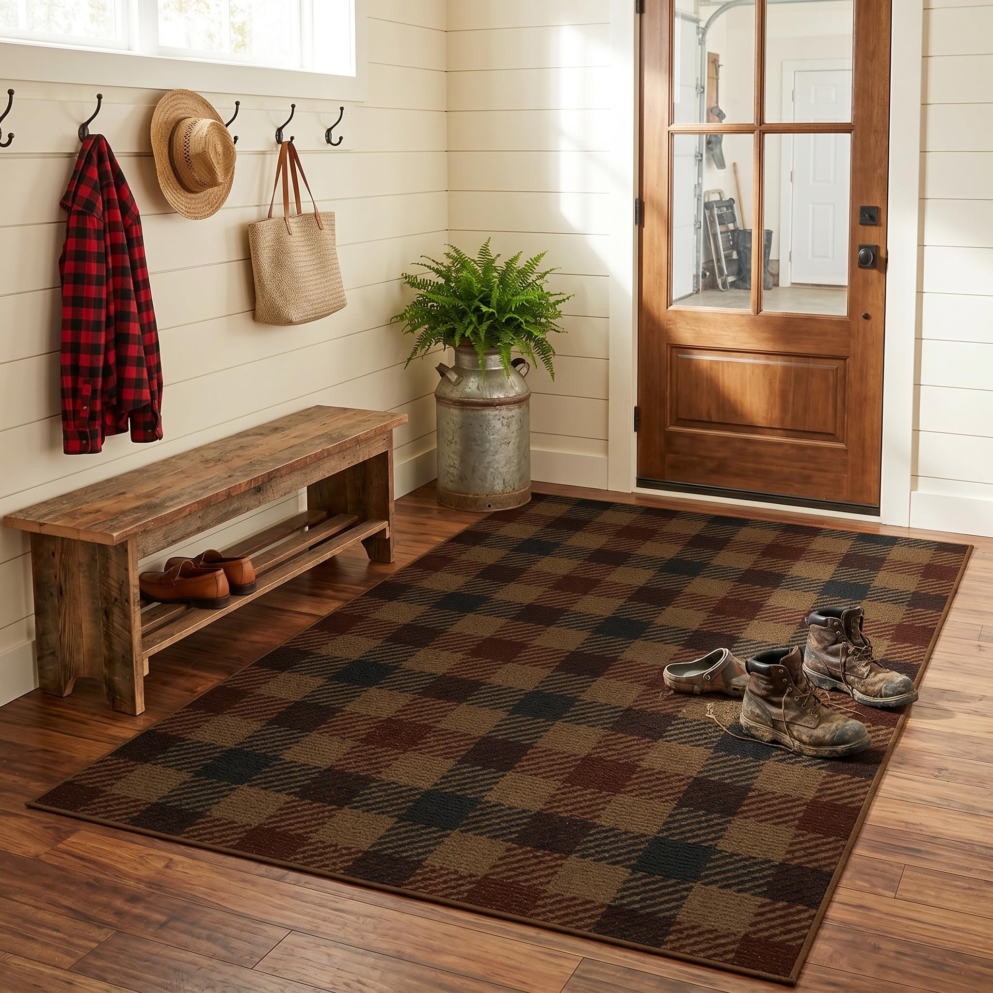 Washable Plaid Indoor Outdoor Rug 3x5 for Front Porch, Entryway, Patio, No Shed Easy Jute Non Slip TPR Backing Area Rug for Large Kitchen, Farmhouse Black & Tan Checkered Seegrass Aesthetic