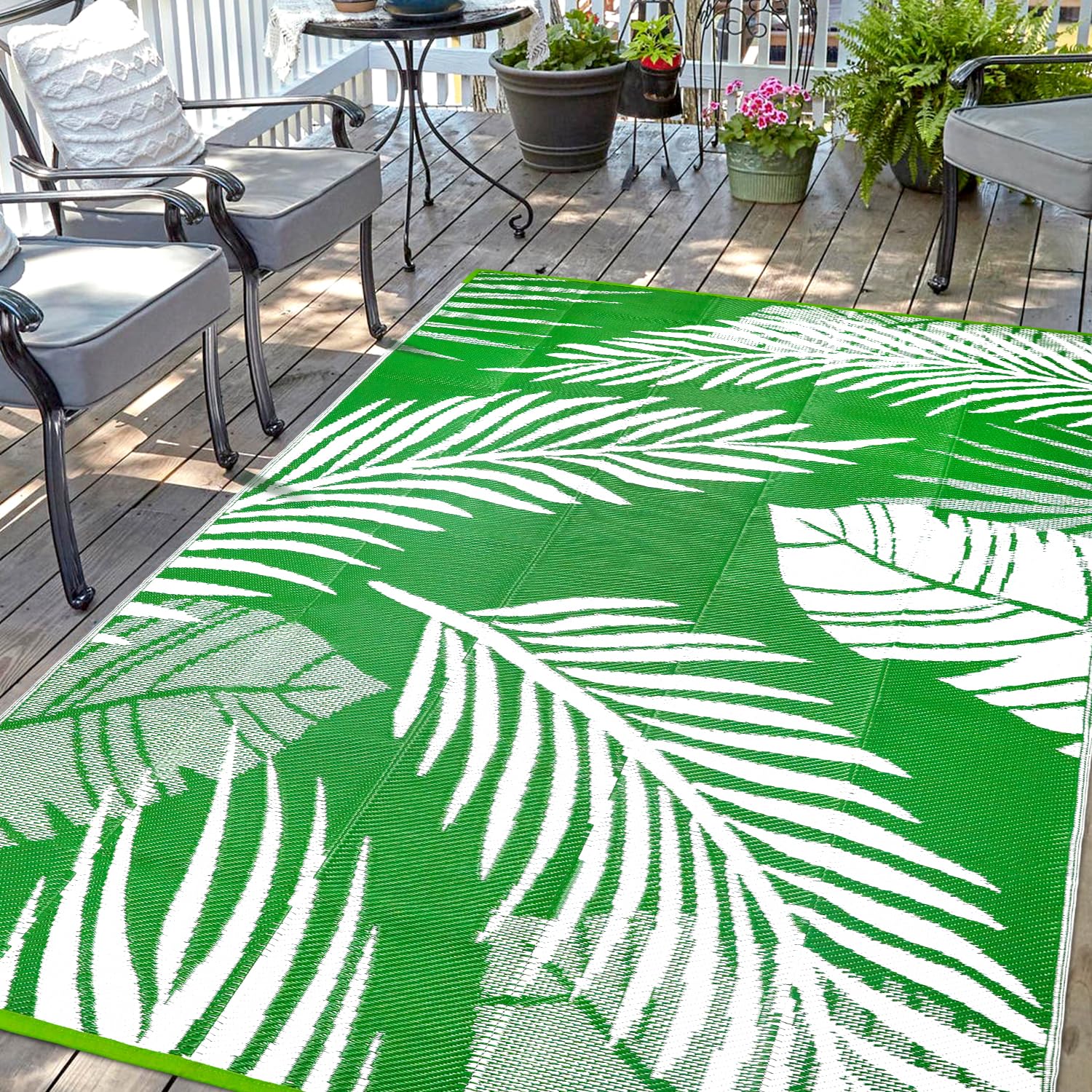 Waterproof Outdoor Rug 5x8ft, Bohemia Reversible Plastic Straw Mat for Patio RV Deck Porch Backyard Balcony Camping Picnic Beach Indoor Outdoor Carpet, Black&White