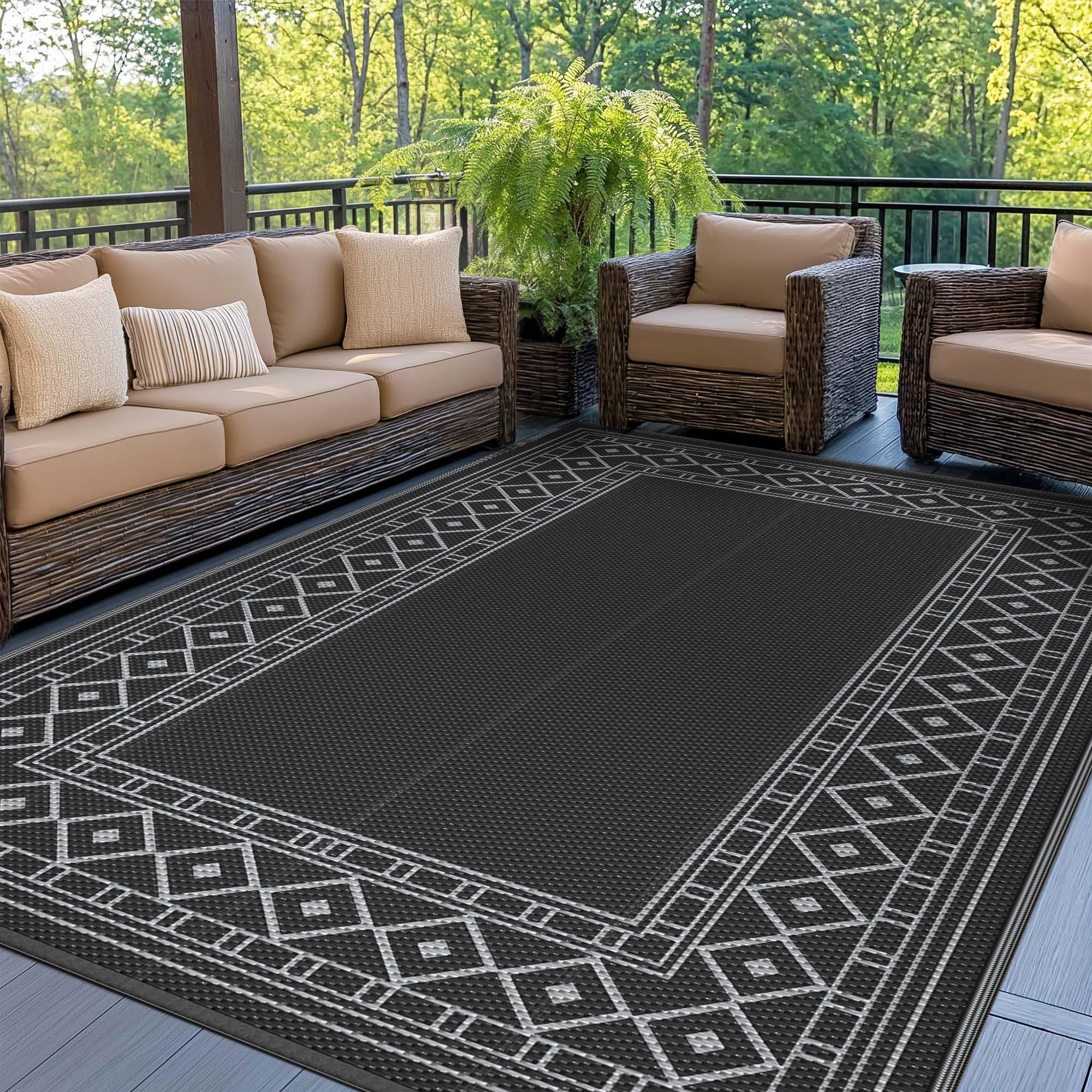 GENIMO Outdoor Rug Waterproof for Patio Decor, 5'x8' Reversible Plastic Straw Rug Carpet, Camping Mat for Outdoor, RV, Backyard, Deck, Balcony, Picnic, Beach, Coffee & Beige
