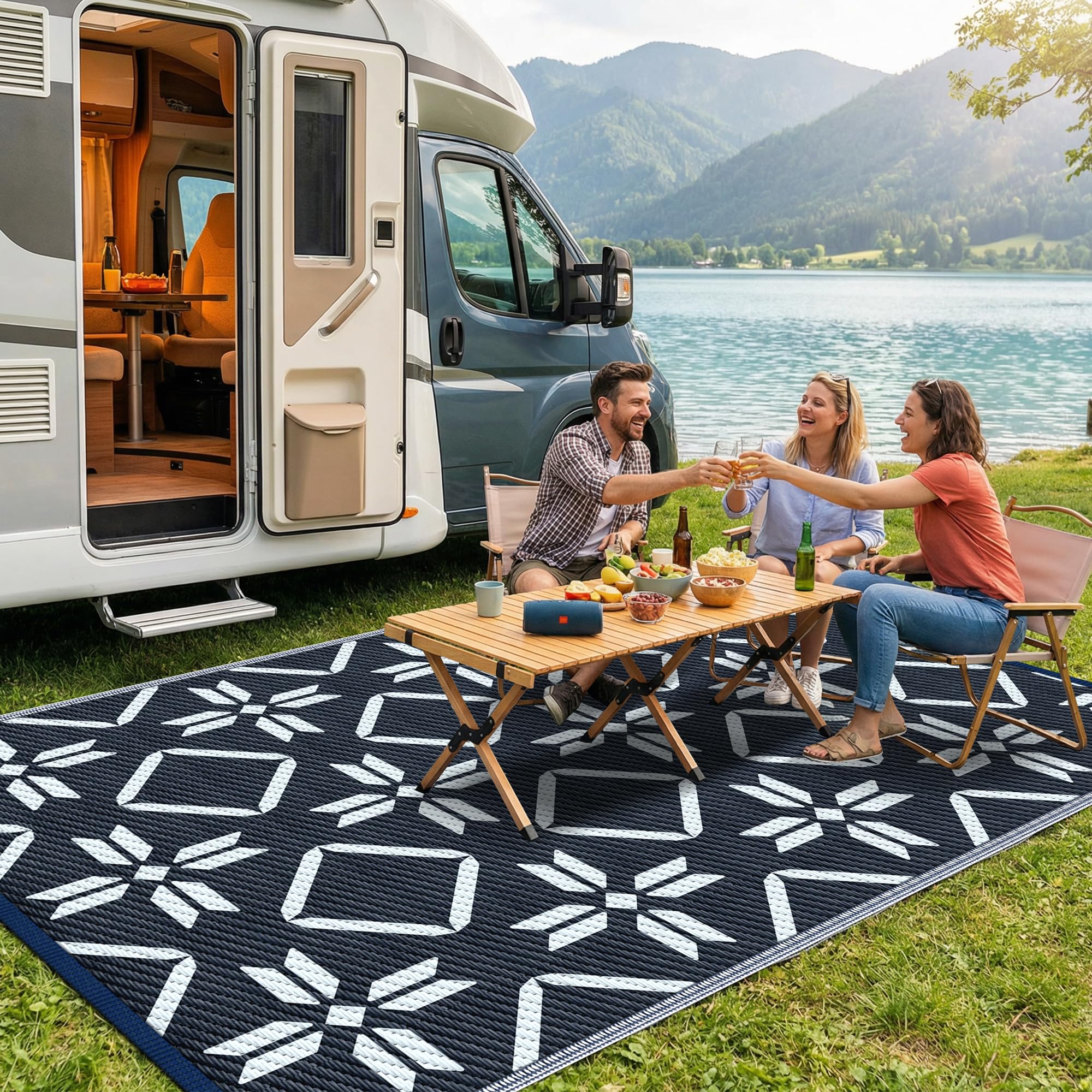 Kohree Outdoor Rug 9x12 Reversible, Waterproof Outdoor Plastic Straw Rug RV Patio Mat, Non-Slip Easy-Cleaning RV Outdoor Mat Carpet for Deck, Patio, Camping, Balcony, Deck, Backyard (Grey & White)