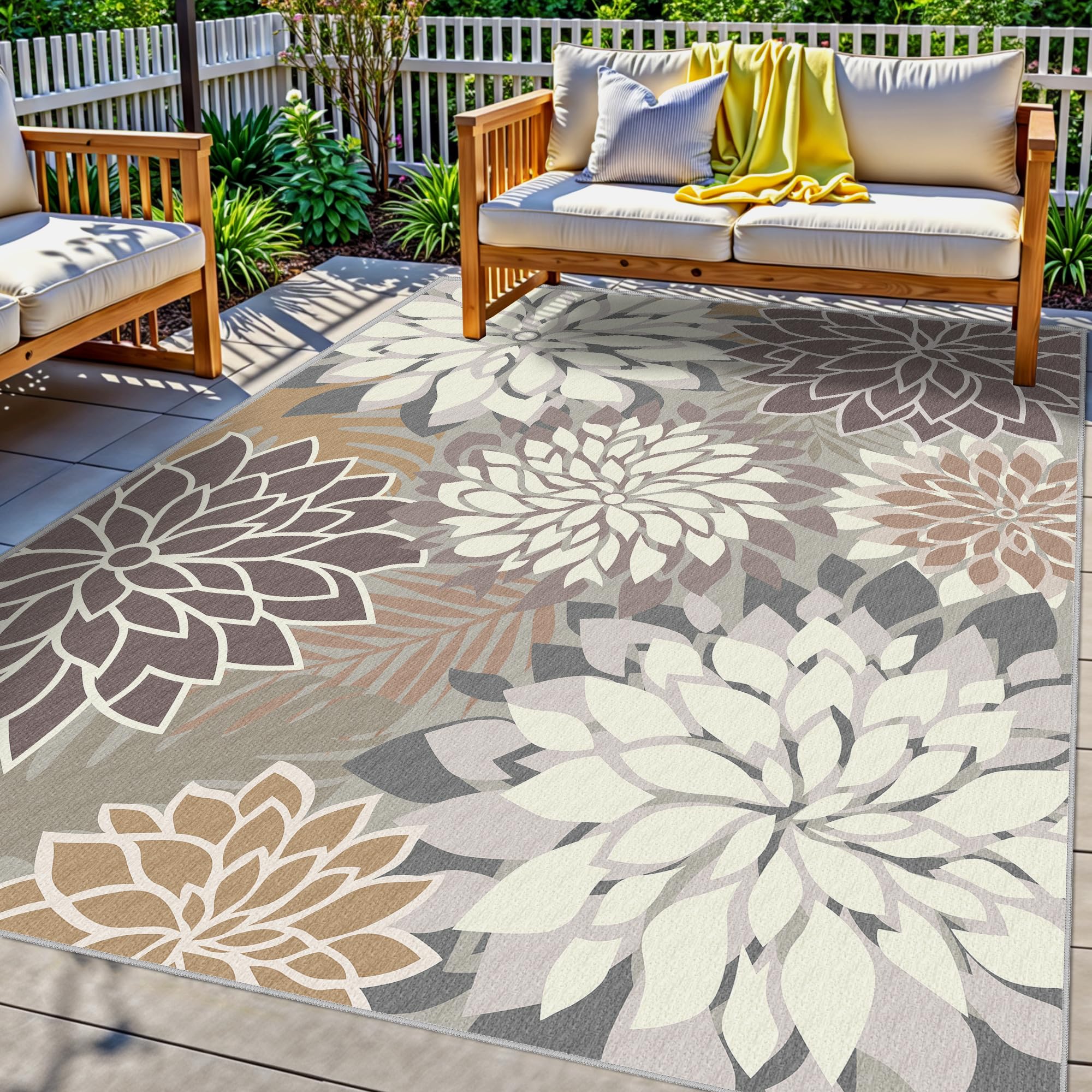 Colorful 5x8 Outdoor Area Rug Washable Multicolored Patio Rug Tropical Botanical Floral Chenille Waterproof Outdoor Carpet for Living Room, Deck, Backyard, Porch, Rainbow