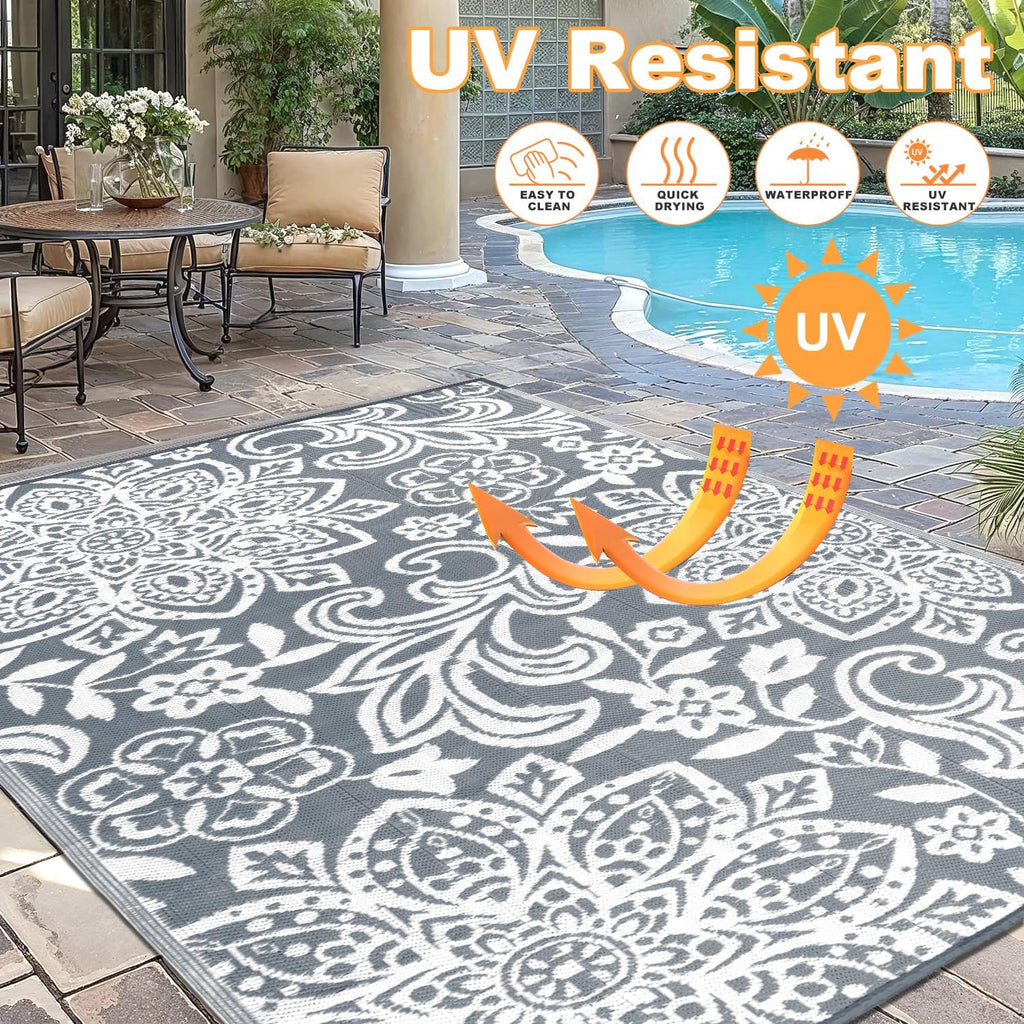 Findosom Waterproof Outdoor Rug 8' x 10' - Reversible Mandala Outdoor Plastic Straw Rug, Durable Foldable Patio Rug for RV, Deck, Balcony, Backyard, Picnic, Porch, Camping, Beach, Gray