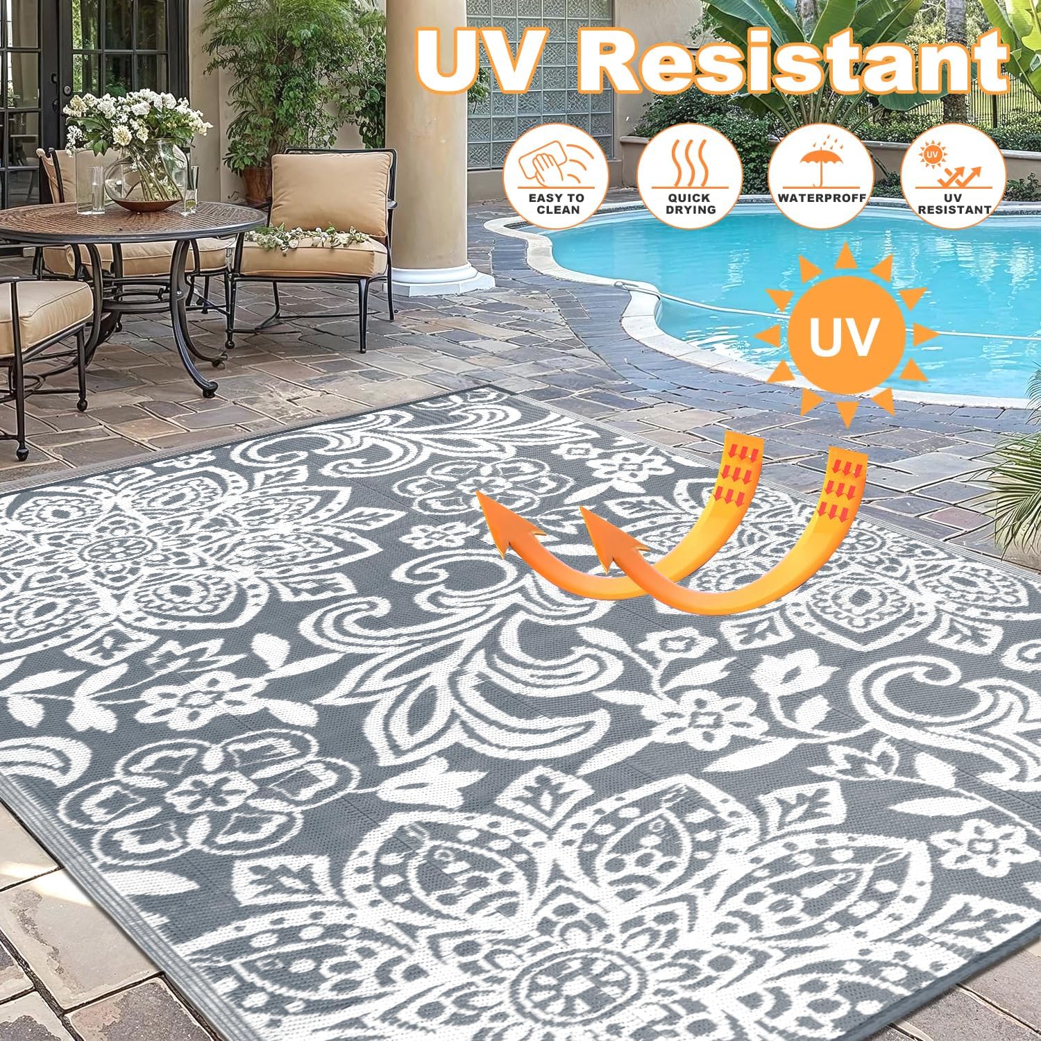 Findosom Waterproof Outdoor Rug 8' x 10' - Reversible Mandala Outdoor Plastic Straw Rug, Durable Foldable Patio Rug for RV, Deck, Balcony, Backyard, Picnic, Porch, Camping, Beach, Gray