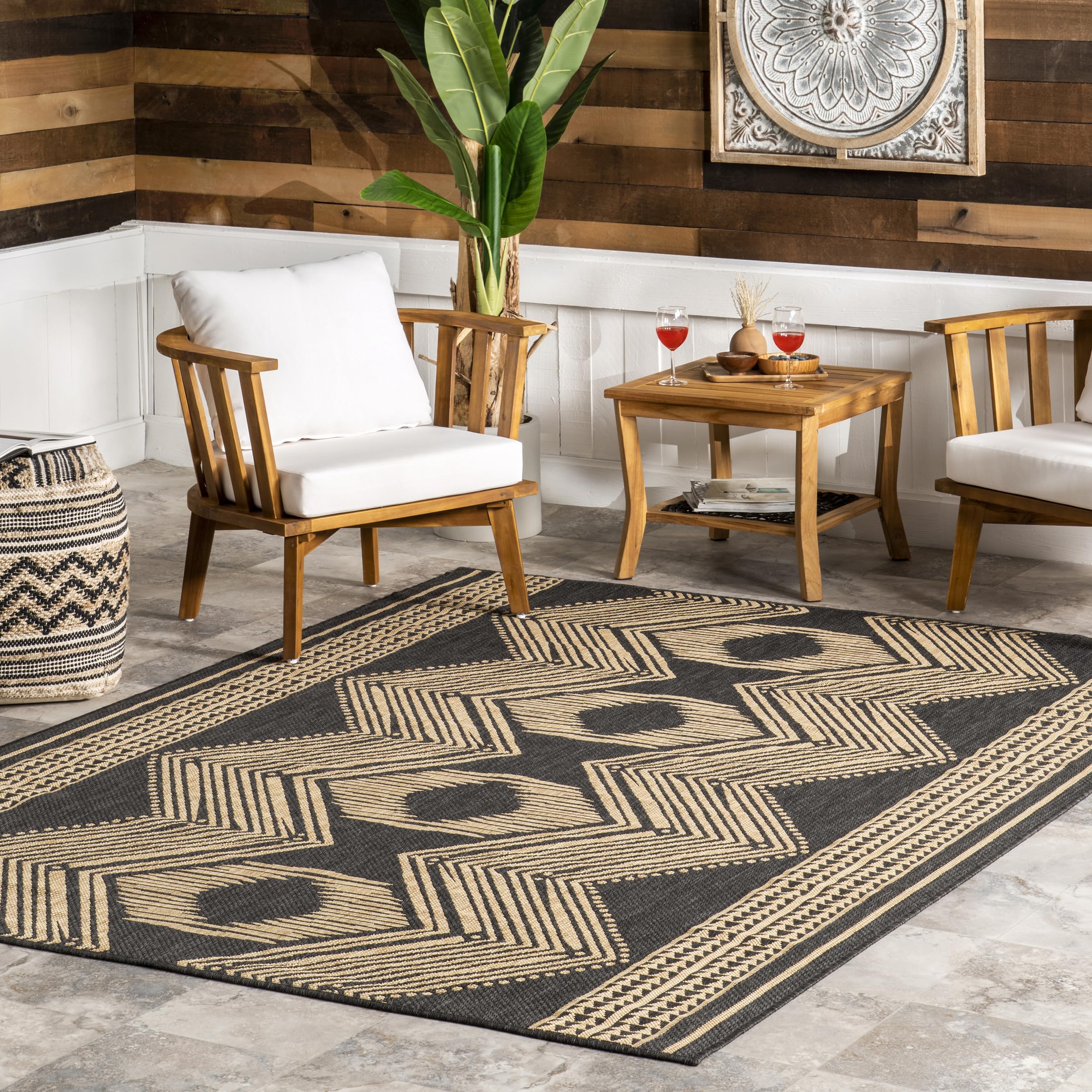 nuLOOM 4x6 Outdoor/Indoor Ranya Tribal Area Rug, Light Brown, Geometric Design, Stain Resistant, Highly Durable, For Patio, Balcony, Bedroom, Dining Room, Living Room, Bathroom