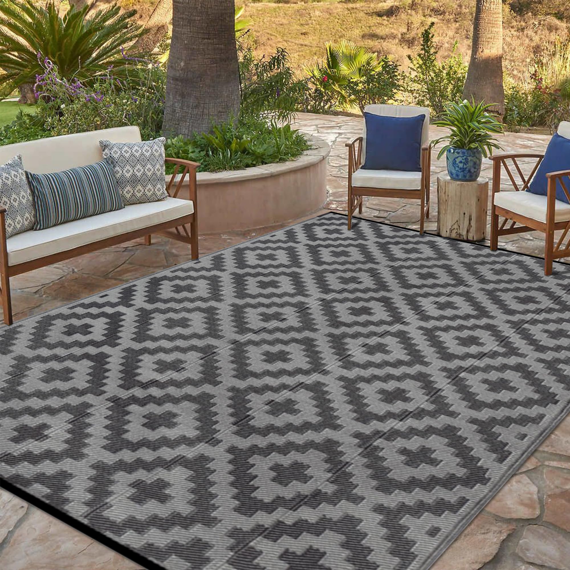SAND MINE Waterproof Outdoor Rug 5x8 ft, Plastic Reversible Rug, Modern Area Rug, Large Floor Mat for Outdoors, RV, Patio, Backyard, Deck, Picnic, Beach, Camping, Black & Beige