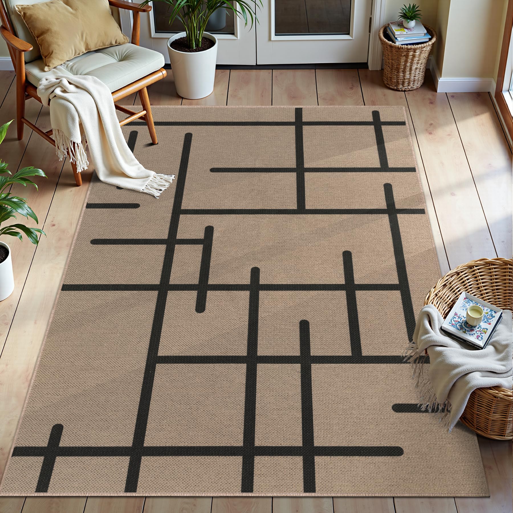 Tangsoo Rainbow Easy Jute Rug 5x7 Large Washable Area Rug for Living Room,Black Non-Slip Thin Outdoor Rug,Modern Farmhouse Indoor Carpet for Dining Room Table Bedroom Patio