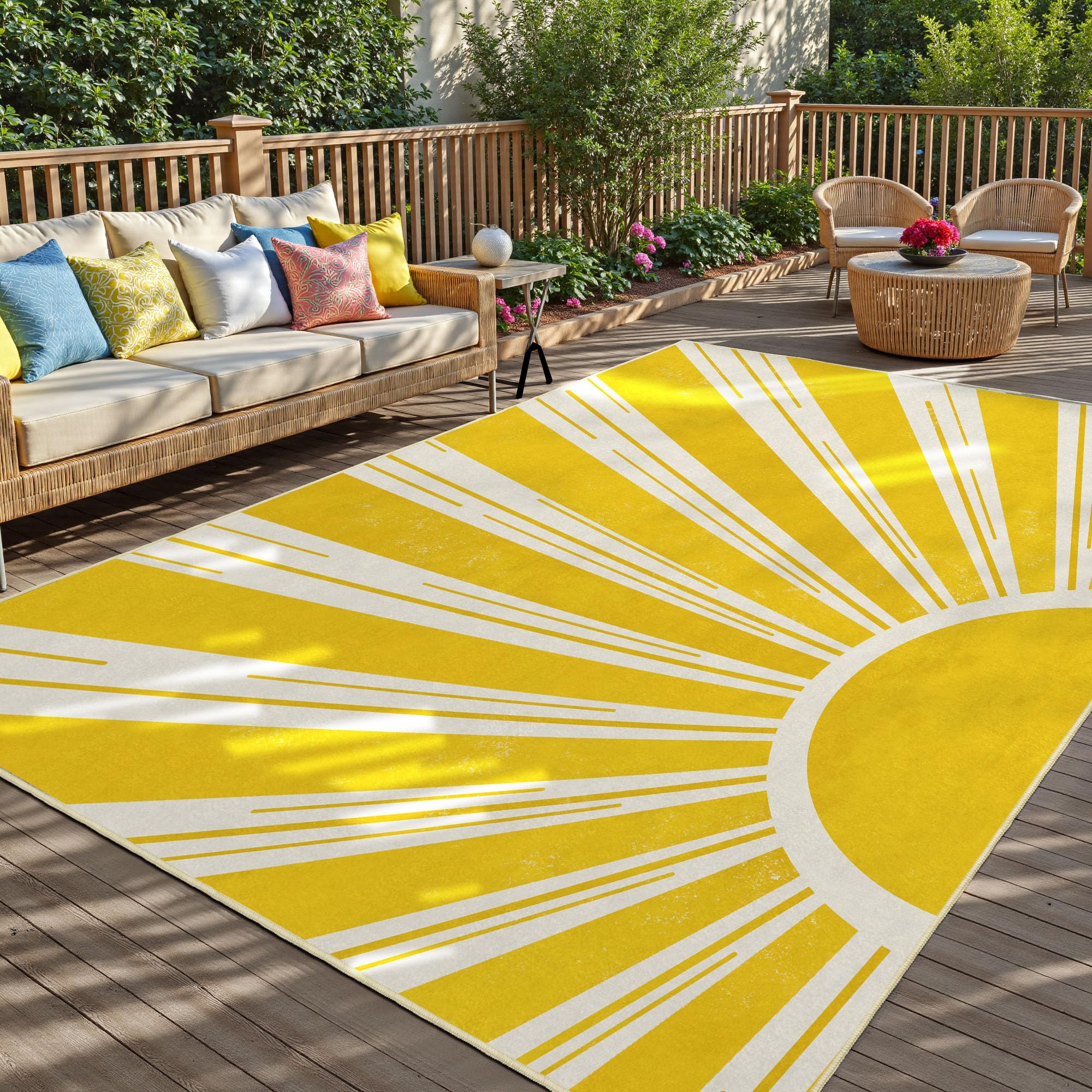 Multicolored Outdoor Indoor Area Rug Boho Sun Rainbow Washable Outdoor Patio Rugs Medieval Aesthetic Vintage Abstract Art Non-Slip Carpet for Living Room, Patio, Porch, Pool Deck (5x8)