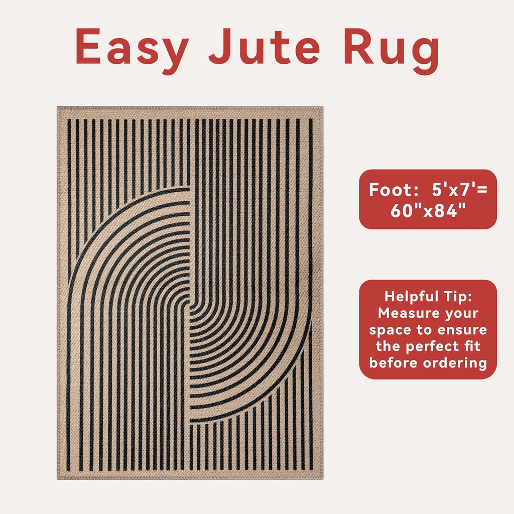 Tangsoo Rainbow Easy Jute Rug 5x7 Large Washable Area Rug for Living Room,Black Non-Slip Thin Outdoor Rug,Modern Farmhouse Indoor Carpet for Dining Room Table Bedroom Patio