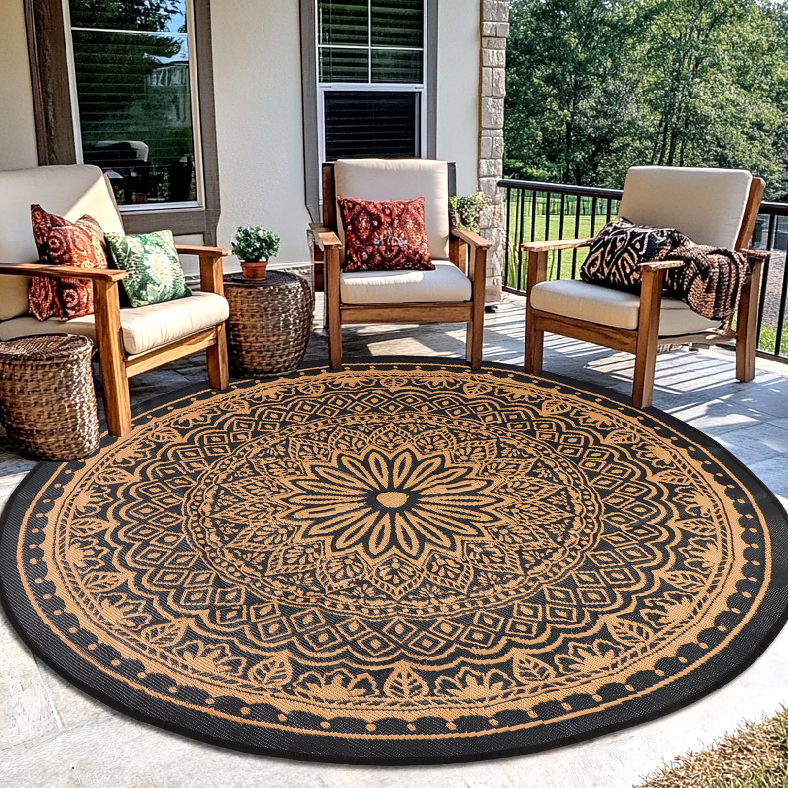 Round Outdoor Rugs 8Ft Waterproof, Outdoor Reversible Mats, Lightweight Plastic Straw Rug, Portable RV Camping Mat Floor Carpets for Deck Porch Picnic Beach Garden, Black/Camel