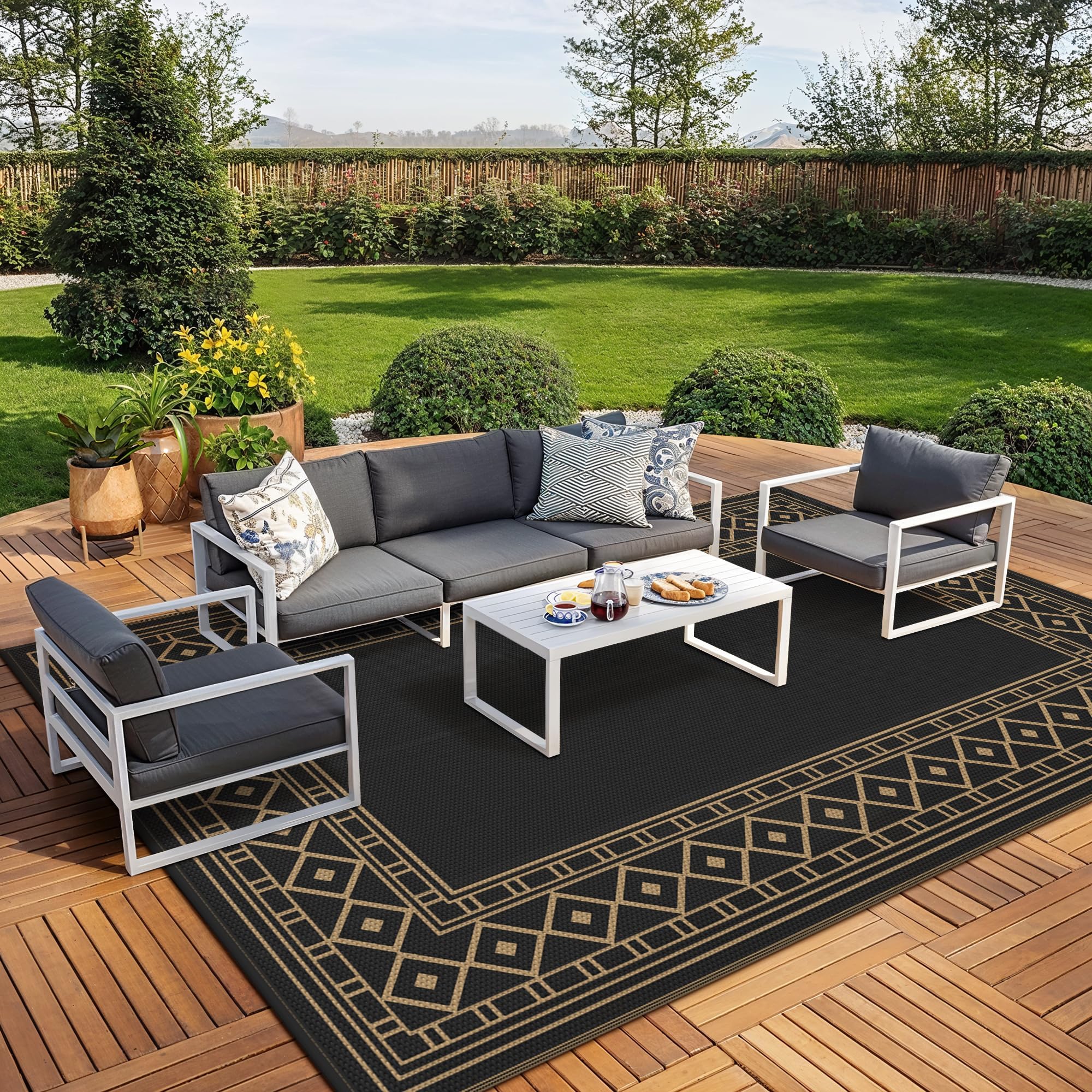 GENIMO Outdoor Rug Waterproof for Patio Decor, 5'x8' Reversible Plastic Straw Rug Carpet, Camping Mat for Outdoor, RV, Backyard, Deck, Balcony, Picnic, Beach, Coffee & Beige