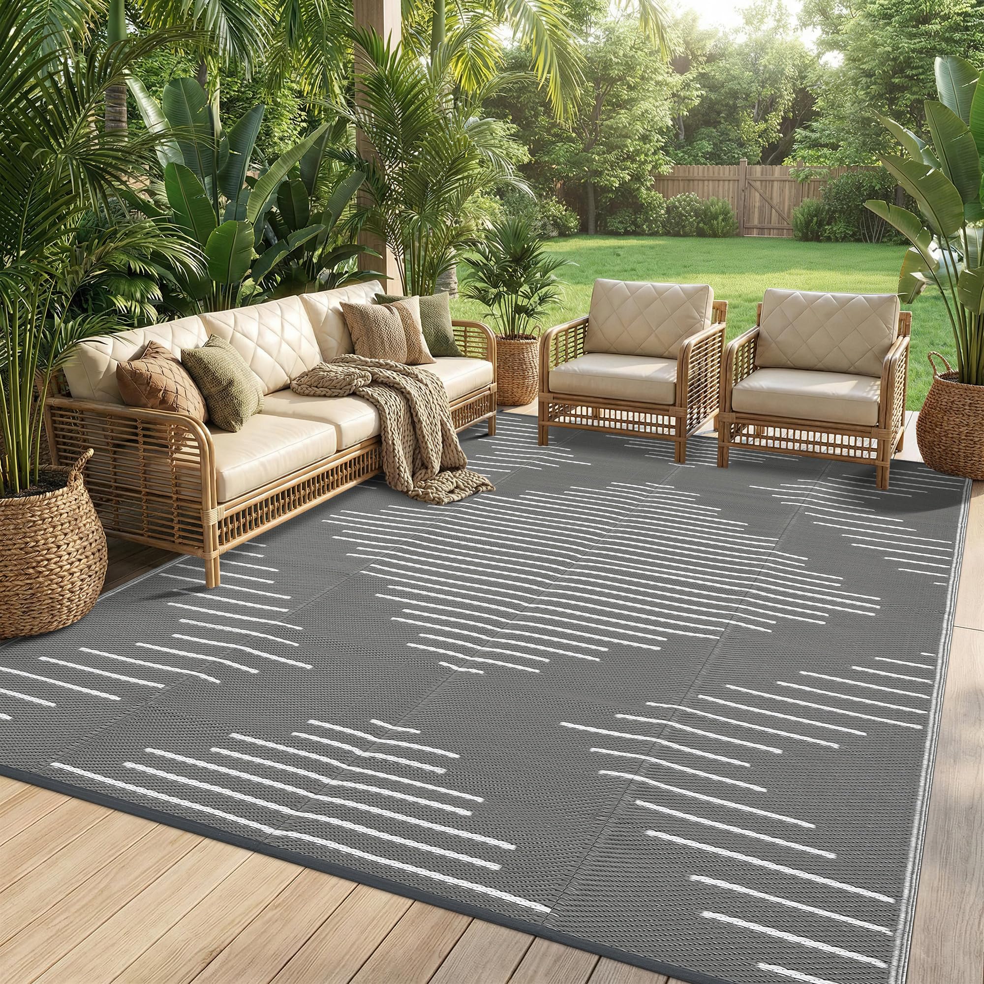 Garvee 6x9 Area Rugs Plastic Reversible Patio Rugs Outdoor Waterproof Easy-Cleaning Large Floor Mat for Outdoors Backyard Porch RV Beach Picnic Black White