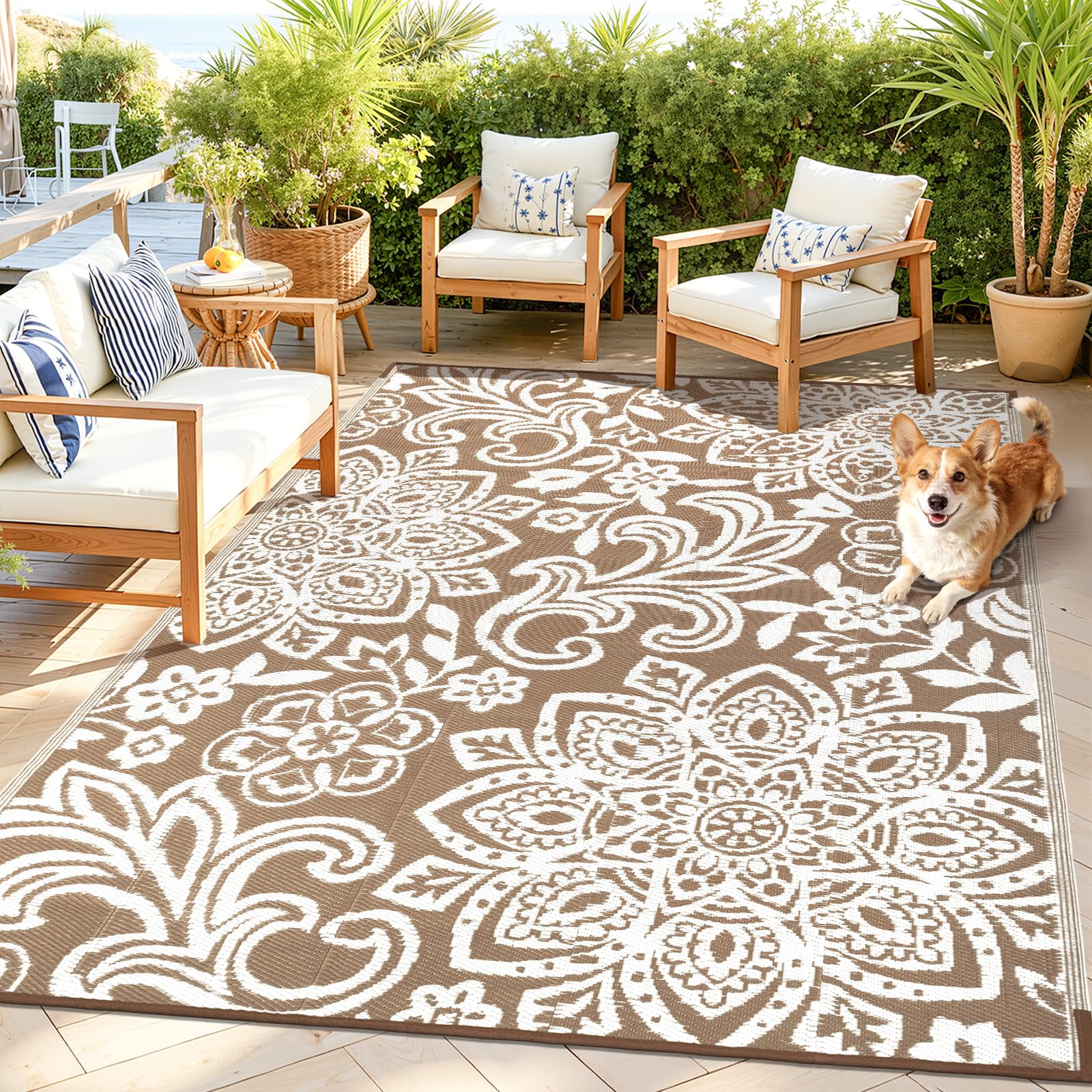 Findosom Waterproof Outdoor Rug 8' x 10' - Reversible Mandala Outdoor Plastic Straw Rug, Durable Foldable Patio Rug for RV, Deck, Balcony, Backyard, Picnic, Porch, Camping, Beach, Gray