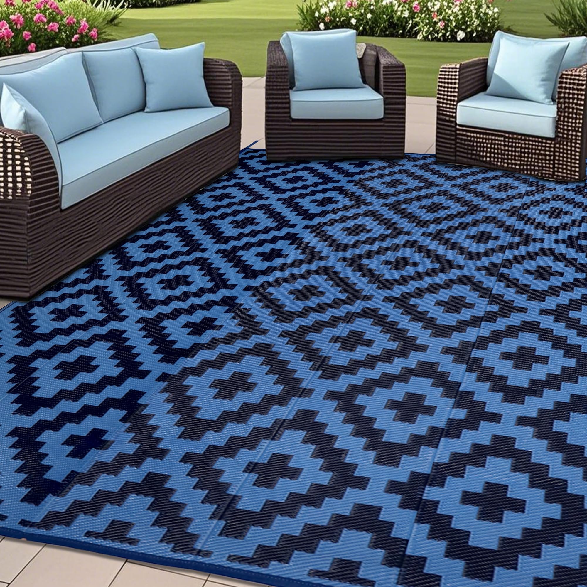 SAND MINE Waterproof Outdoor Rug 5x8 ft, Plastic Reversible Rug, Modern Area Rug, Large Floor Mat for Outdoors, RV, Patio, Backyard, Deck, Picnic, Beach, Camping, Black & Beige