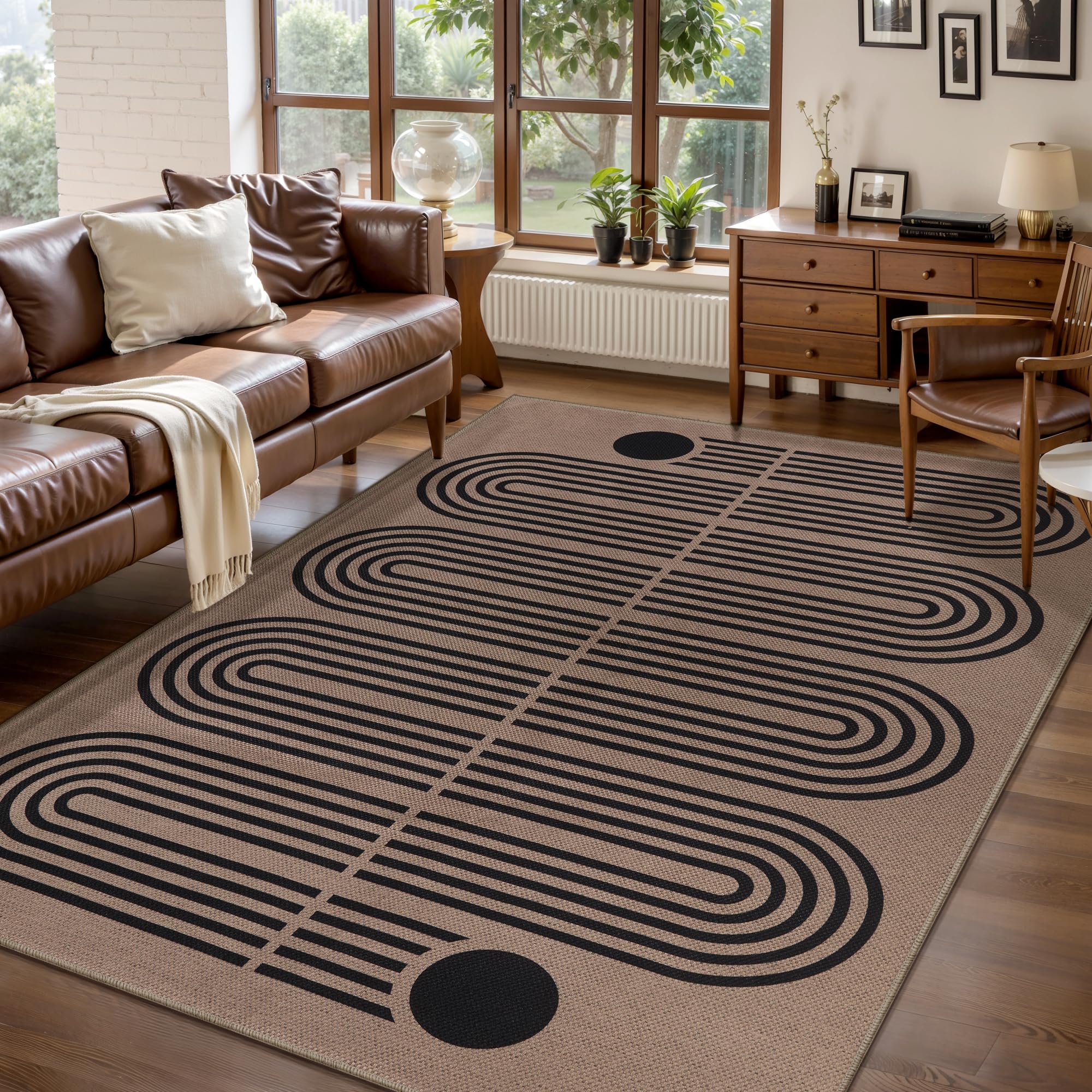 Tangsoo Rainbow Easy Jute Rug 5x7 Large Washable Area Rug for Living Room,Black Non-Slip Thin Outdoor Rug,Modern Farmhouse Indoor Carpet for Dining Room Table Bedroom Patio