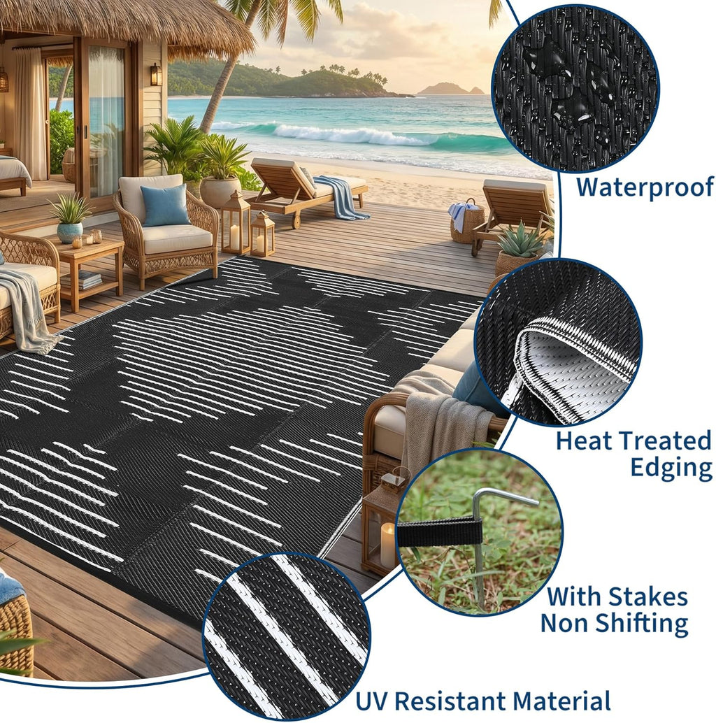 Garvee 6x9 Area Rugs Plastic Reversible Patio Rugs Outdoor Waterproof Easy-Cleaning Large Floor Mat for Outdoors Backyard Porch RV Beach Picnic Black White