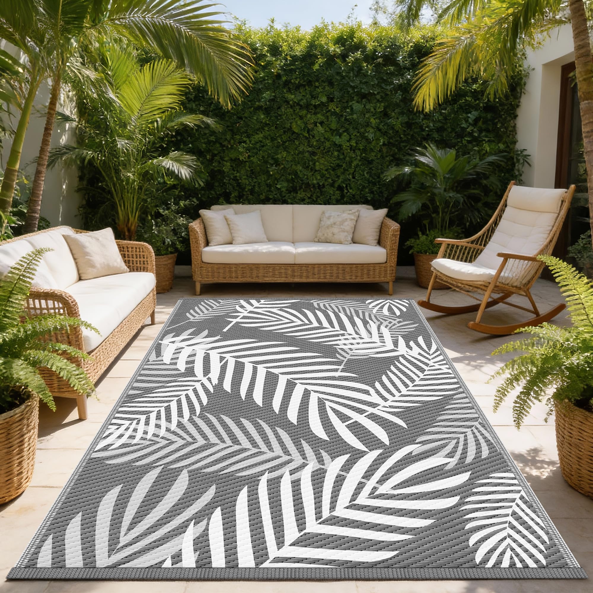 Kohree Outdoor Rug 9x12 Reversible, Waterproof Outdoor Plastic Straw Rug RV Patio Mat, Non-Slip Easy-Cleaning RV Outdoor Mat Carpet for Deck, Patio, Camping, Balcony, Deck, Backyard (Grey & White)