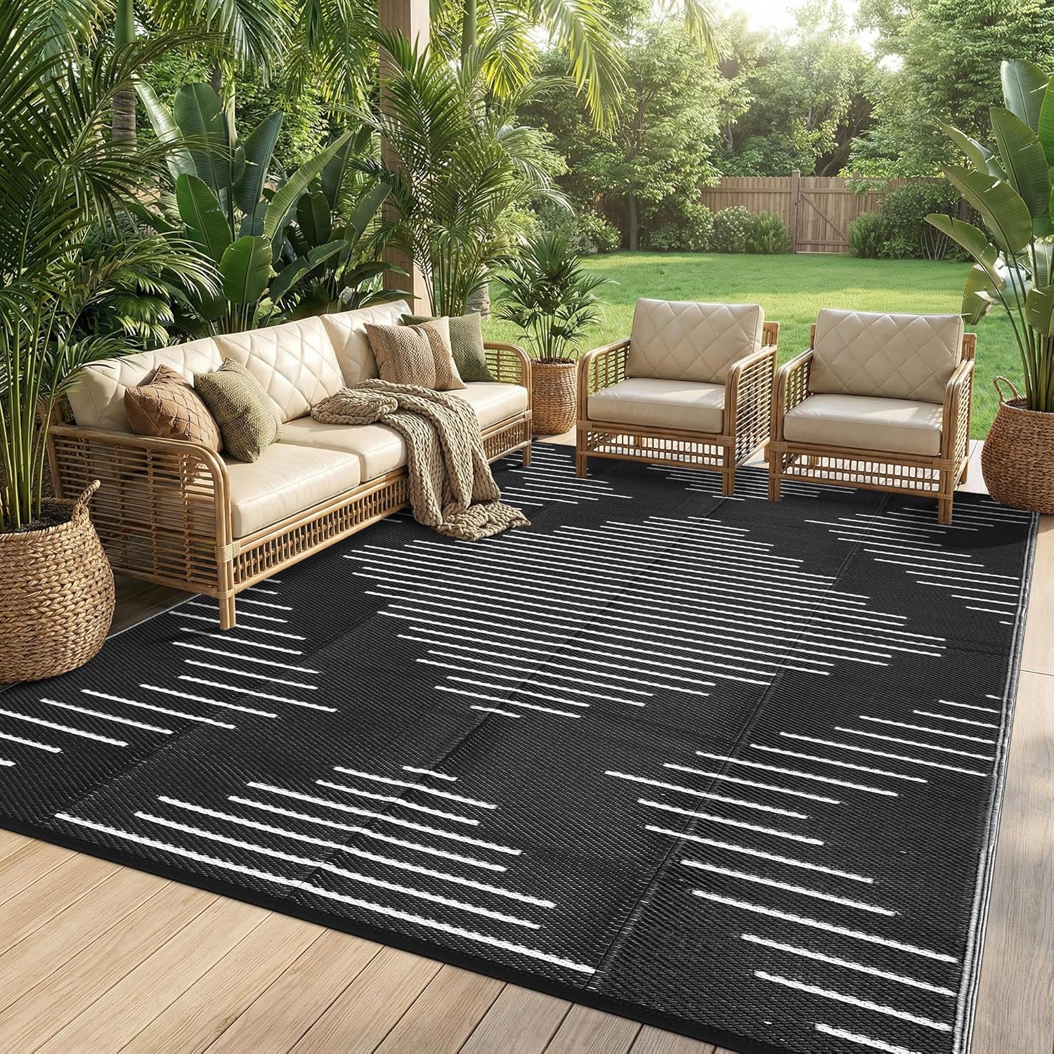 Garvee 6x9 Area Rugs Plastic Reversible Patio Rugs Outdoor Waterproof Easy-Cleaning Large Floor Mat for Outdoors Backyard Porch RV Beach Picnic Black White