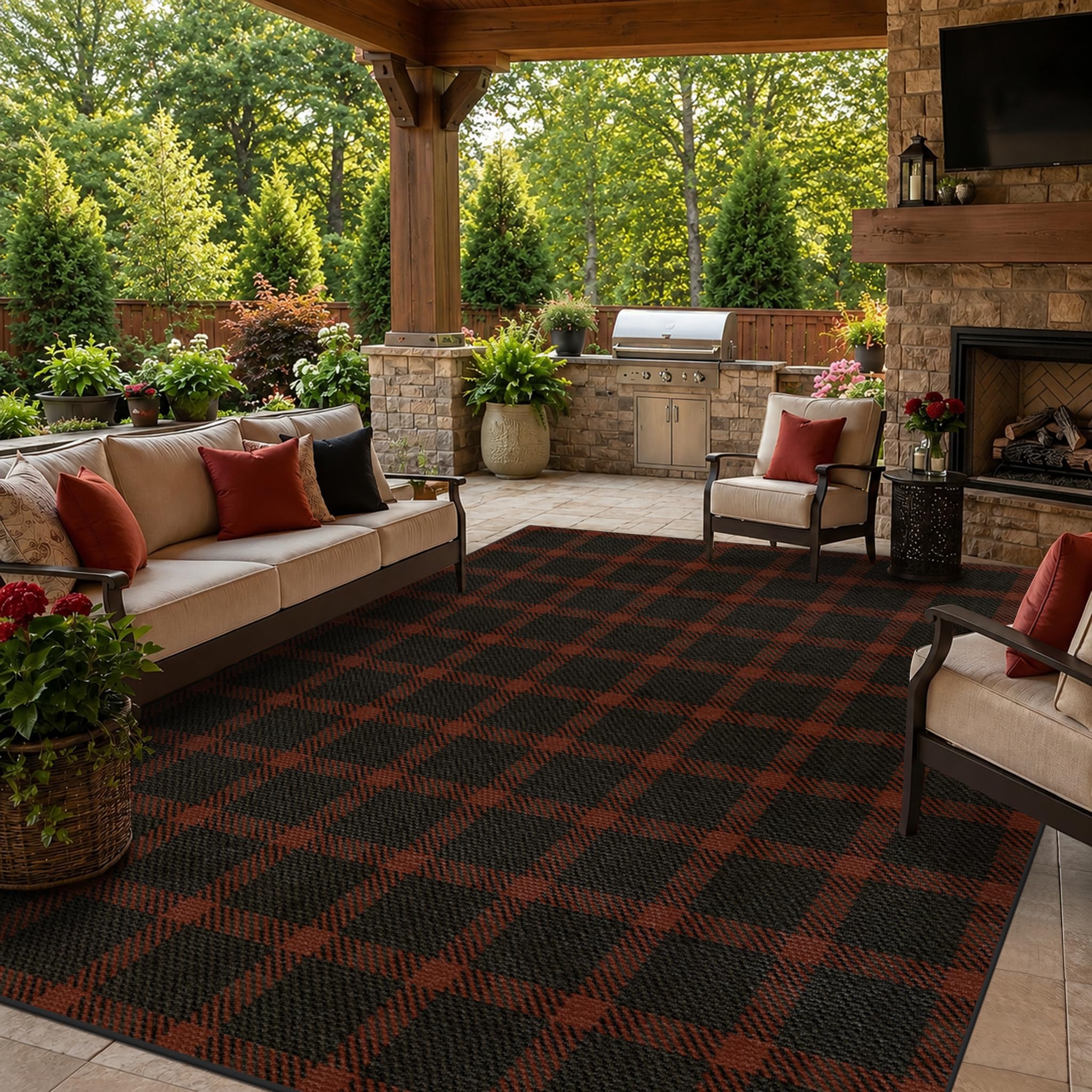 Washable Plaid Indoor Outdoor Rug 3x5 for Front Porch, Entryway, Patio, No Shed Easy Jute Non Slip TPR Backing Area Rug for Large Kitchen, Farmhouse Black & Tan Checkered Seegrass Aesthetic