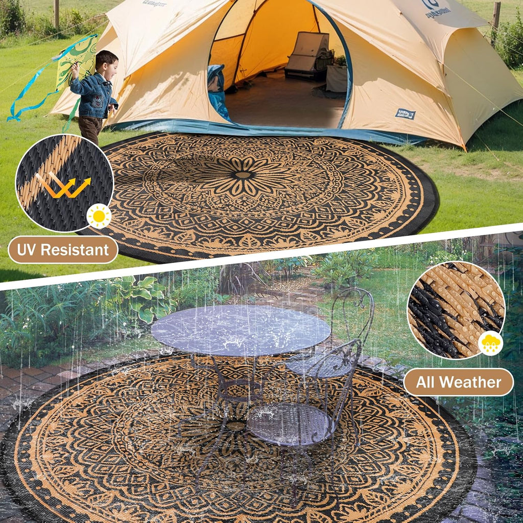 Round Outdoor Rugs 8Ft Waterproof, Outdoor Reversible Mats, Lightweight Plastic Straw Rug, Portable RV Camping Mat Floor Carpets for Deck Porch Picnic Beach Garden, Black/Camel