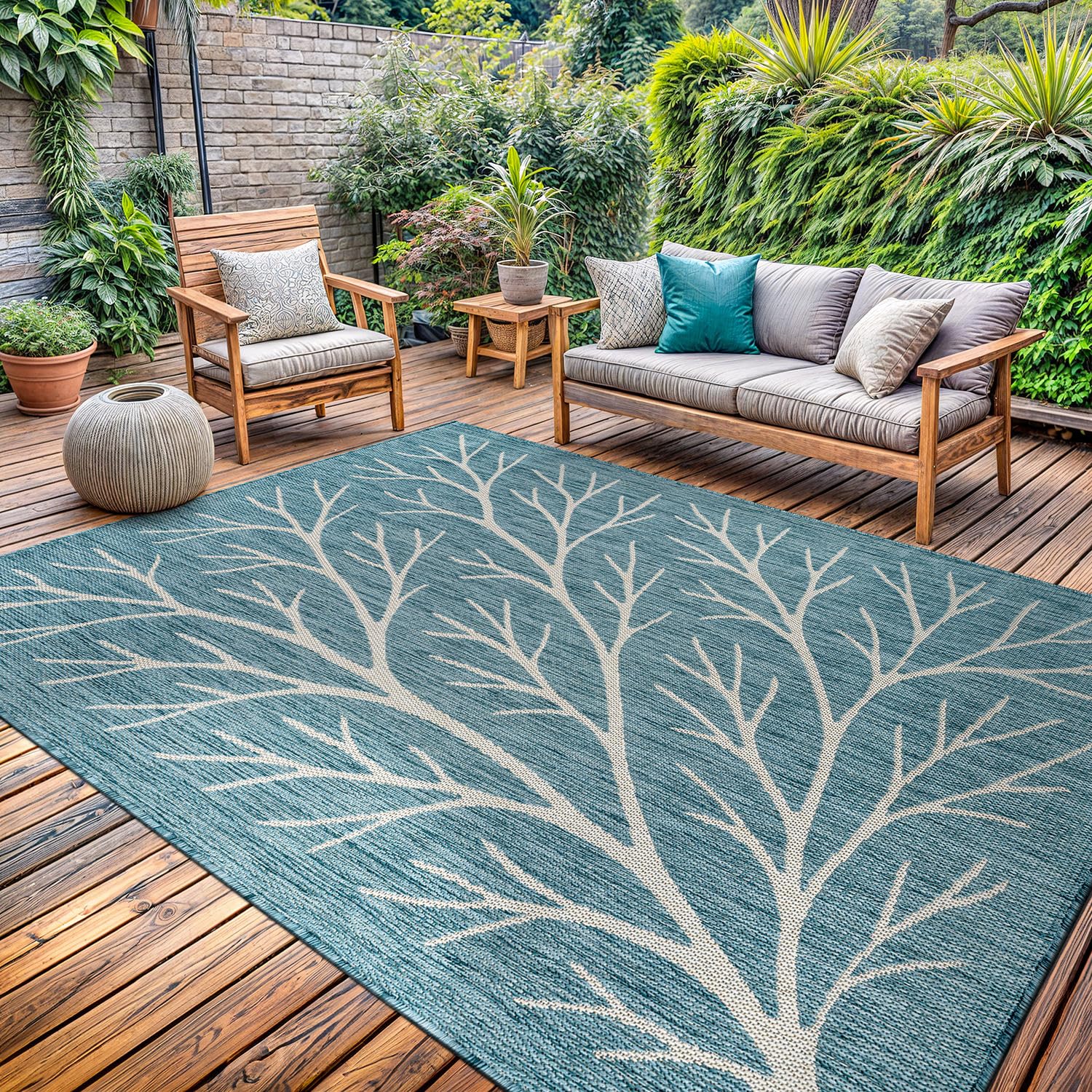 Washable Indoor Outdoor Rug 6x9 Modern Area Rugs Branch Pattern Non Shedding Waterproof Easy Clean Patio Deck Porch Living Room Bedroom Garden RV (6 X 9 Blue)
