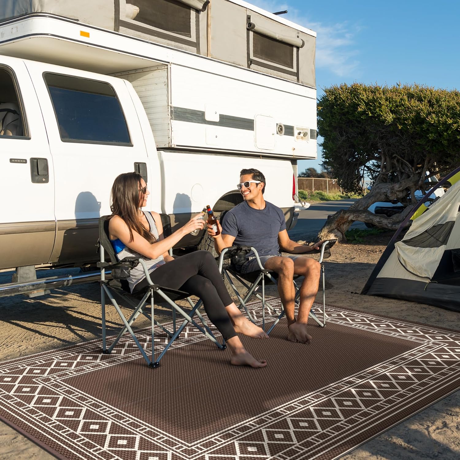 GENIMO Outdoor Rug Waterproof for Patio Decor, 5'x8' Reversible Plastic Straw Rug Carpet, Camping Mat for Outdoor, RV, Backyard, Deck, Balcony, Picnic, Beach, Coffee & Beige