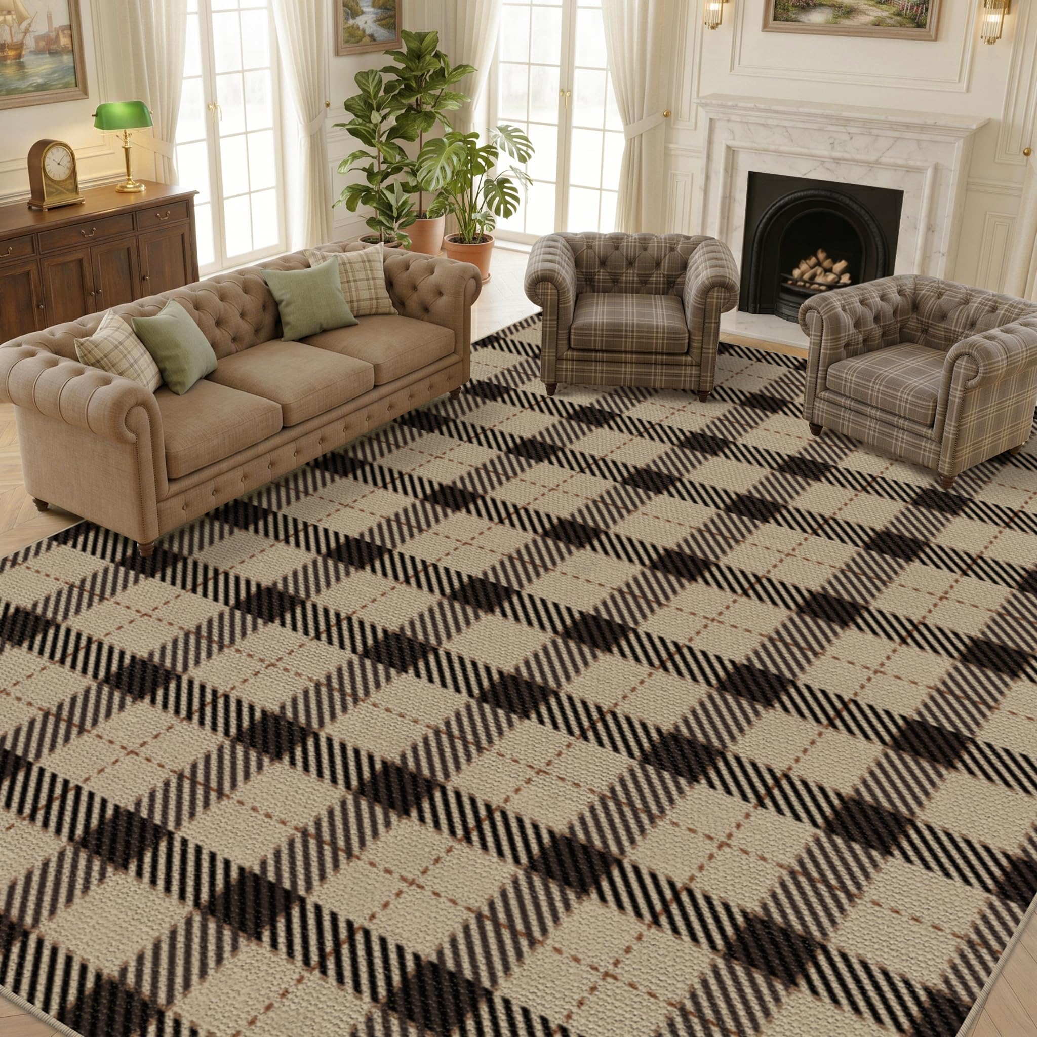 Washable Plaid Indoor Outdoor Rug 3x5 for Front Porch, Entryway, Patio, No Shed Easy Jute Non Slip TPR Backing Area Rug for Large Kitchen, Farmhouse Black & Tan Checkered Seegrass Aesthetic