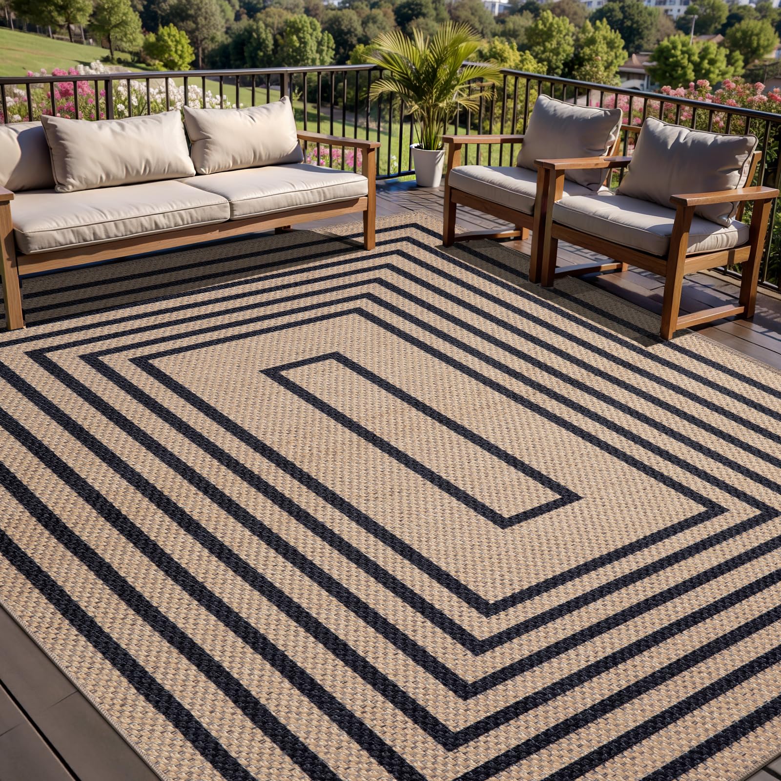 Tangsoo Rainbow Easy Jute Rug 5x7 Large Washable Area Rug for Living Room,Black Non-Slip Thin Outdoor Rug,Modern Farmhouse Indoor Carpet for Dining Room Table Bedroom Patio