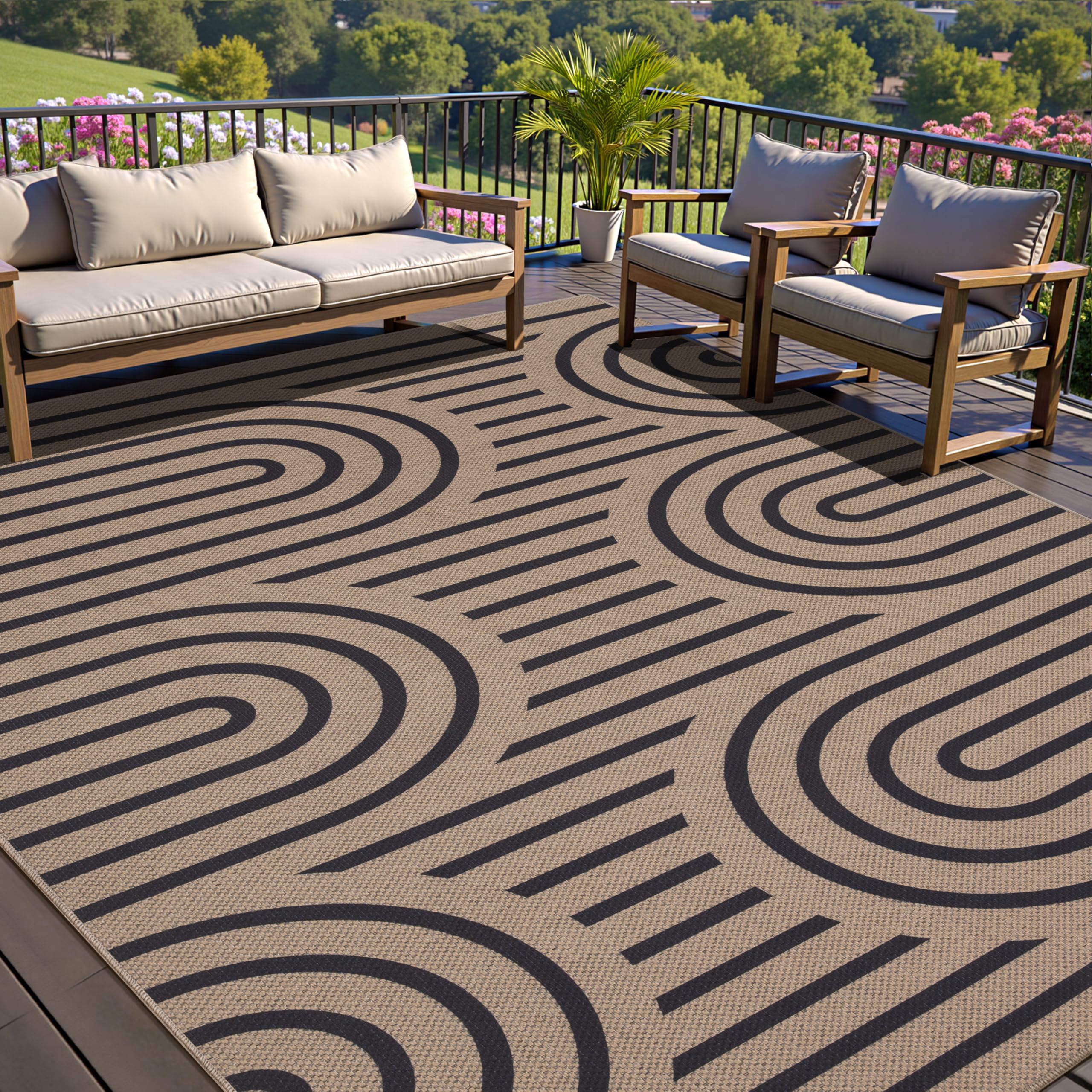 Tangsoo Rainbow Easy Jute Rug 5x7 Large Washable Area Rug for Living Room,Black Non-Slip Thin Outdoor Rug,Modern Farmhouse Indoor Carpet for Dining Room Table Bedroom Patio