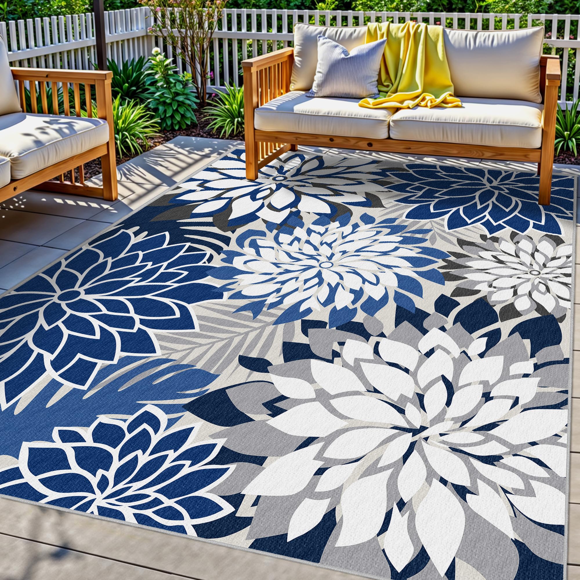 Colorful 5x8 Outdoor Area Rug Washable Multicolored Patio Rug Tropical Botanical Floral Chenille Waterproof Outdoor Carpet for Living Room, Deck, Backyard, Porch, Rainbow
