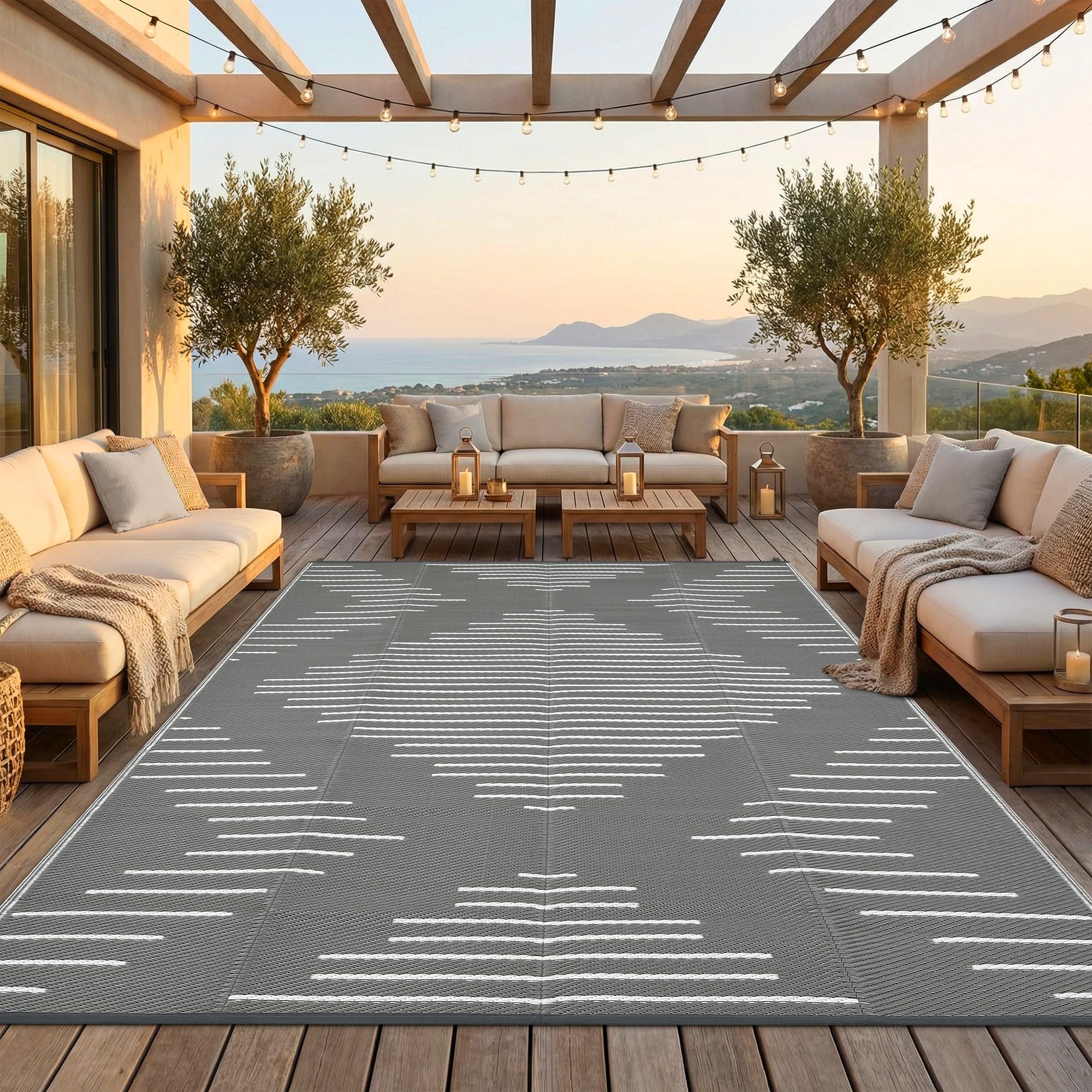 Garvee 6x9 Area Rugs Plastic Reversible Patio Rugs Outdoor Waterproof Easy-Cleaning Large Floor Mat for Outdoors Backyard Porch RV Beach Picnic Black White