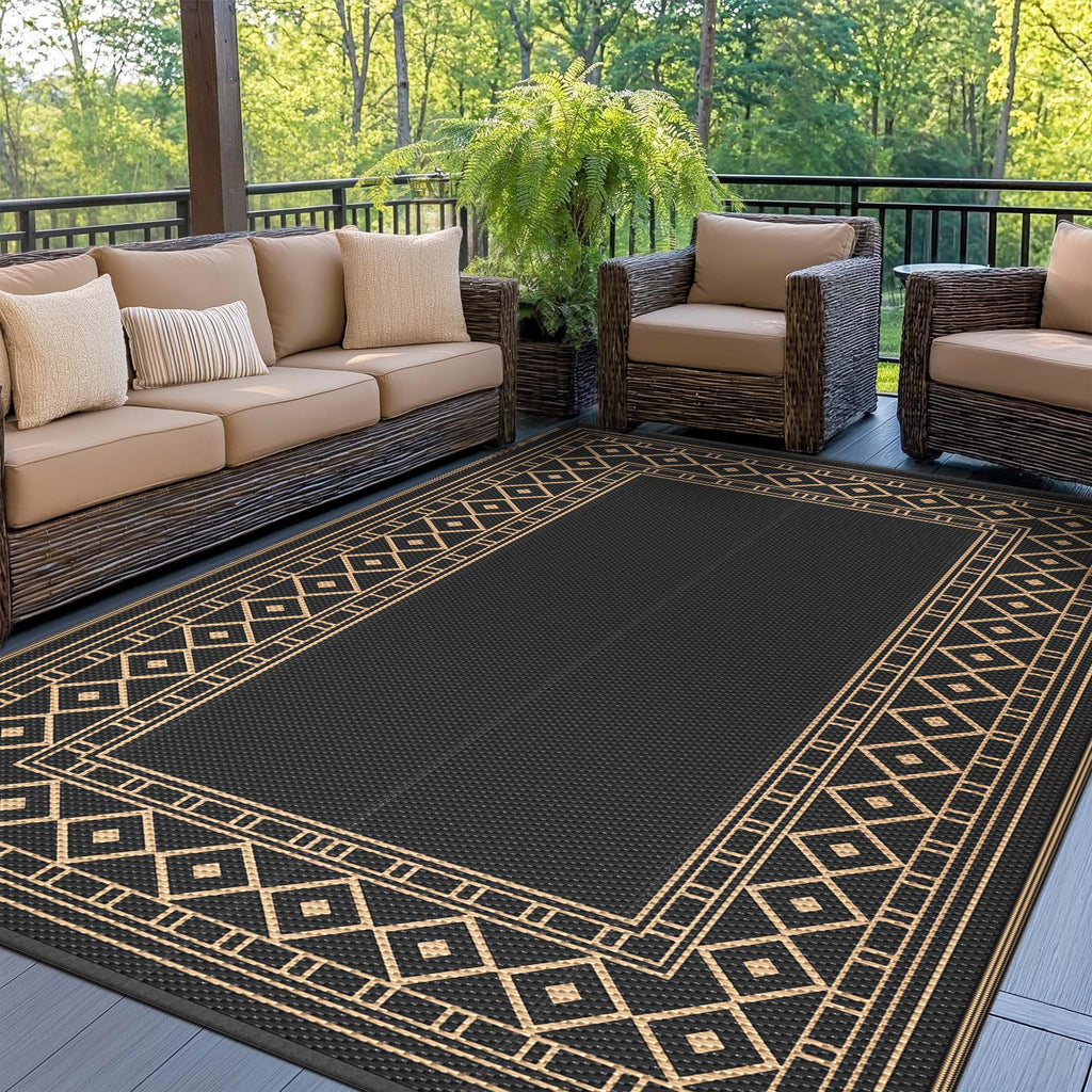 GENIMO Outdoor Rug Waterproof for Patio Decor, 5'x8' Reversible Plastic Straw Rug Carpet, Camping Mat for Outdoor, RV, Backyard, Deck, Balcony, Picnic, Beach, Coffee & Beige
