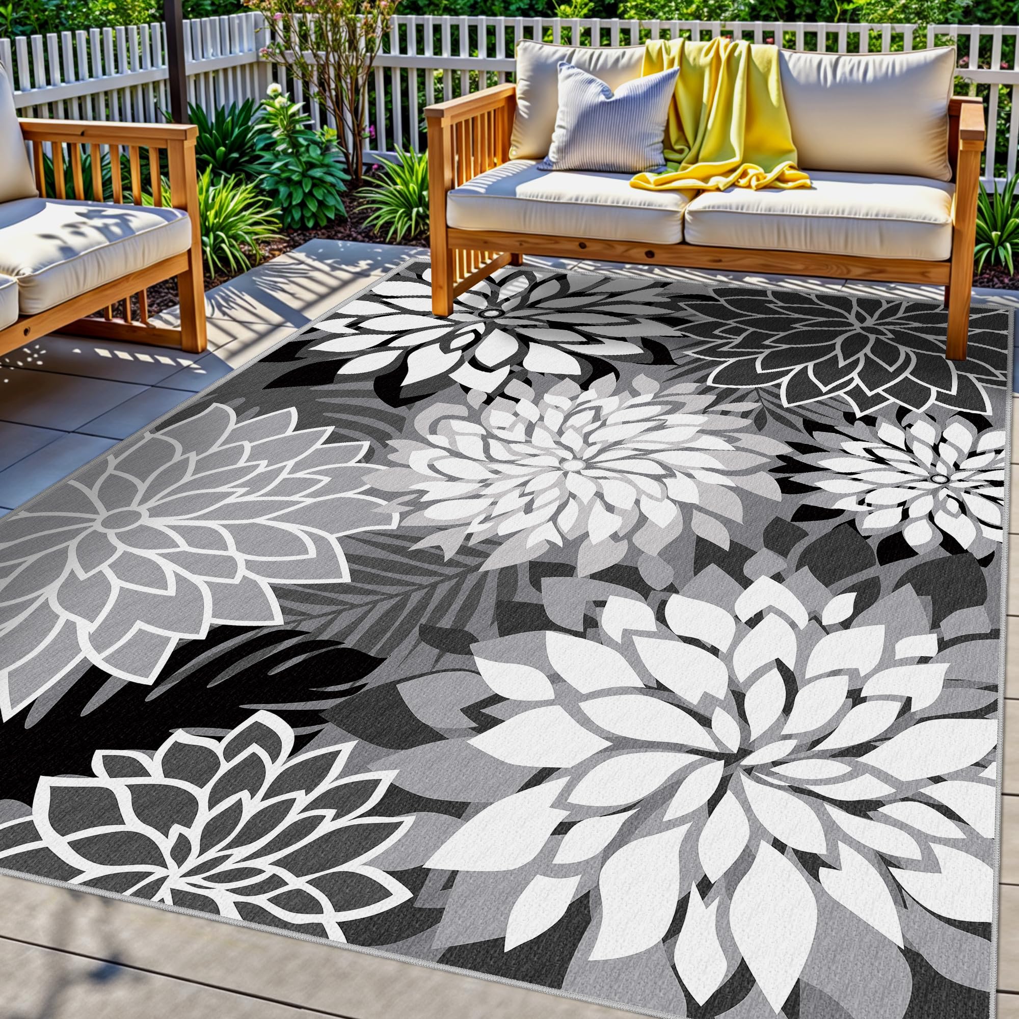 Colorful 5x8 Outdoor Area Rug Washable Multicolored Patio Rug Tropical Botanical Floral Chenille Waterproof Outdoor Carpet for Living Room, Deck, Backyard, Porch, Rainbow