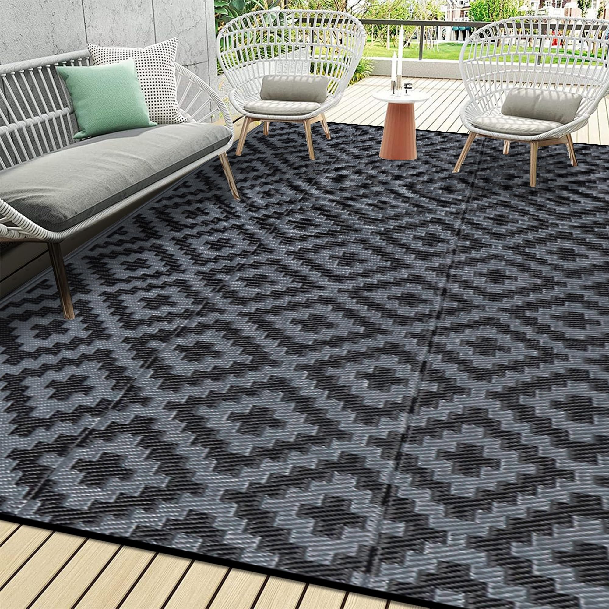 SAND MINE Waterproof Outdoor Rug 5x8 ft, Plastic Reversible Rug, Modern Area Rug, Large Floor Mat for Outdoors, RV, Patio, Backyard, Deck, Picnic, Beach, Camping, Black & Beige