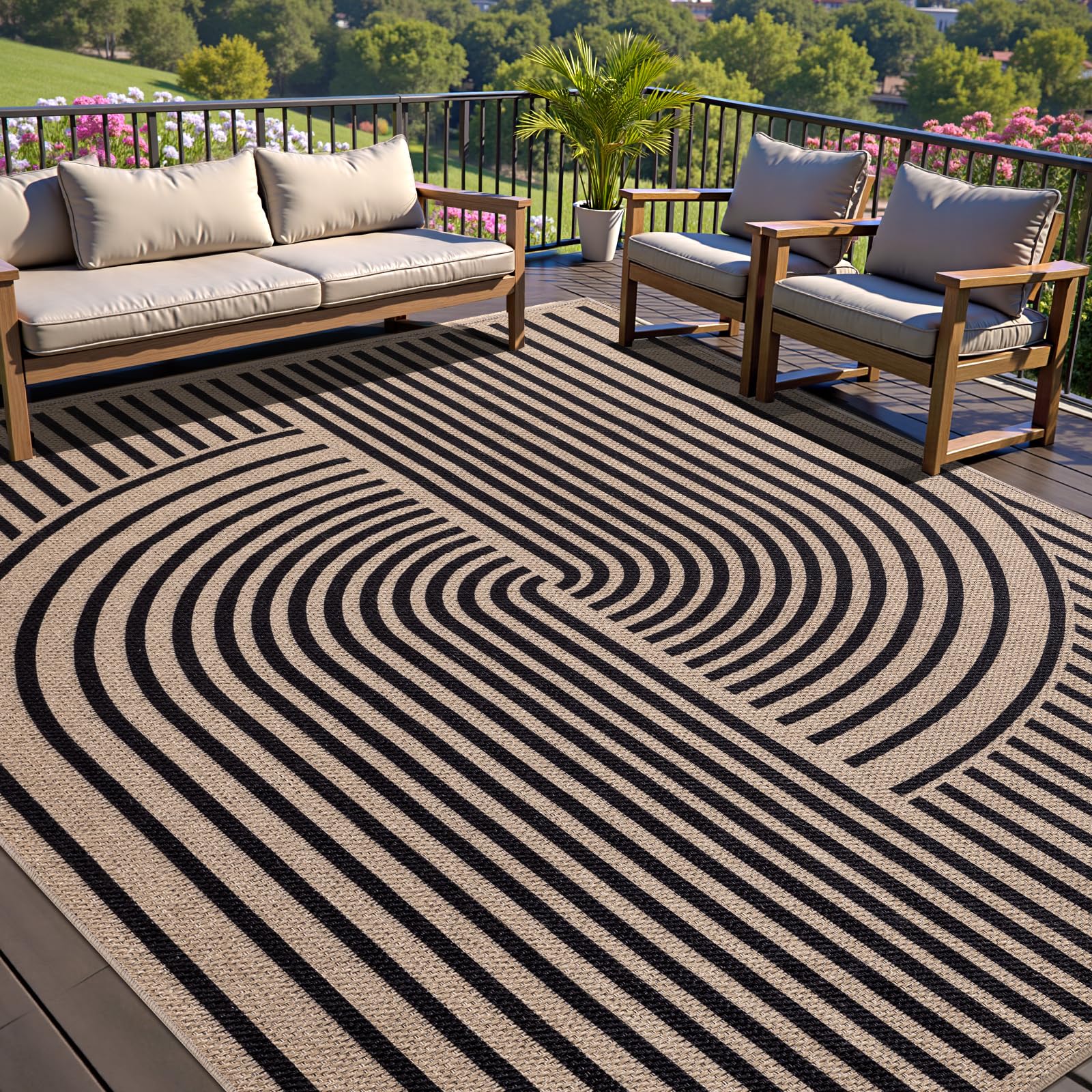Tangsoo Rainbow Easy Jute Rug 5x7 Large Washable Area Rug for Living Room,Black Non-Slip Thin Outdoor Rug,Modern Farmhouse Indoor Carpet for Dining Room Table Bedroom Patio