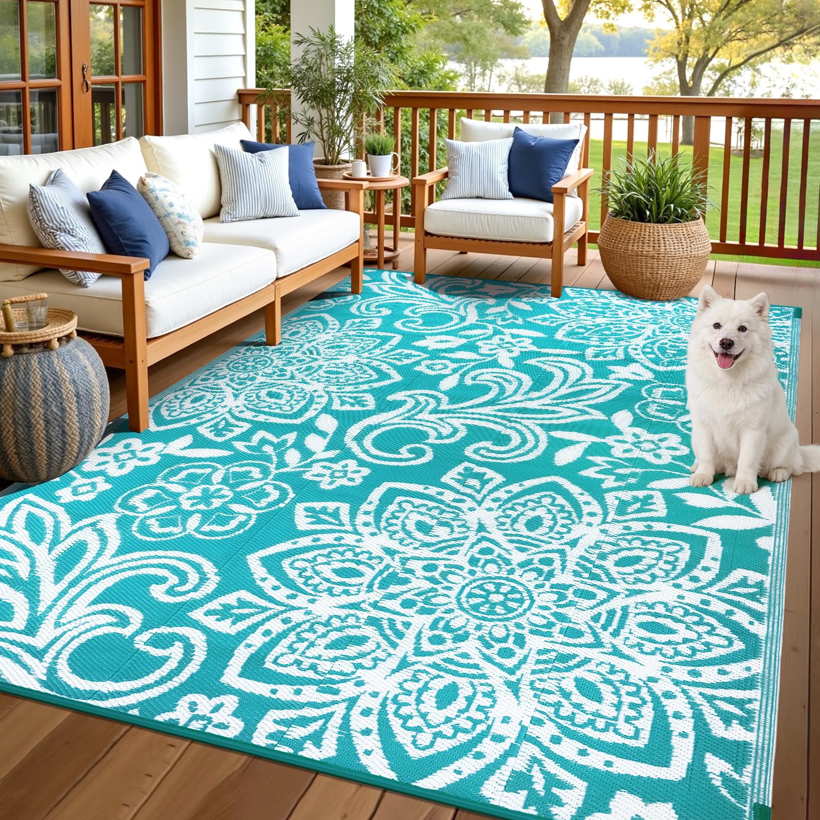 Findosom Waterproof Outdoor Rug 8' x 10' - Reversible Mandala Outdoor Plastic Straw Rug, Durable Foldable Patio Rug for RV, Deck, Balcony, Backyard, Picnic, Porch, Camping, Beach, Gray