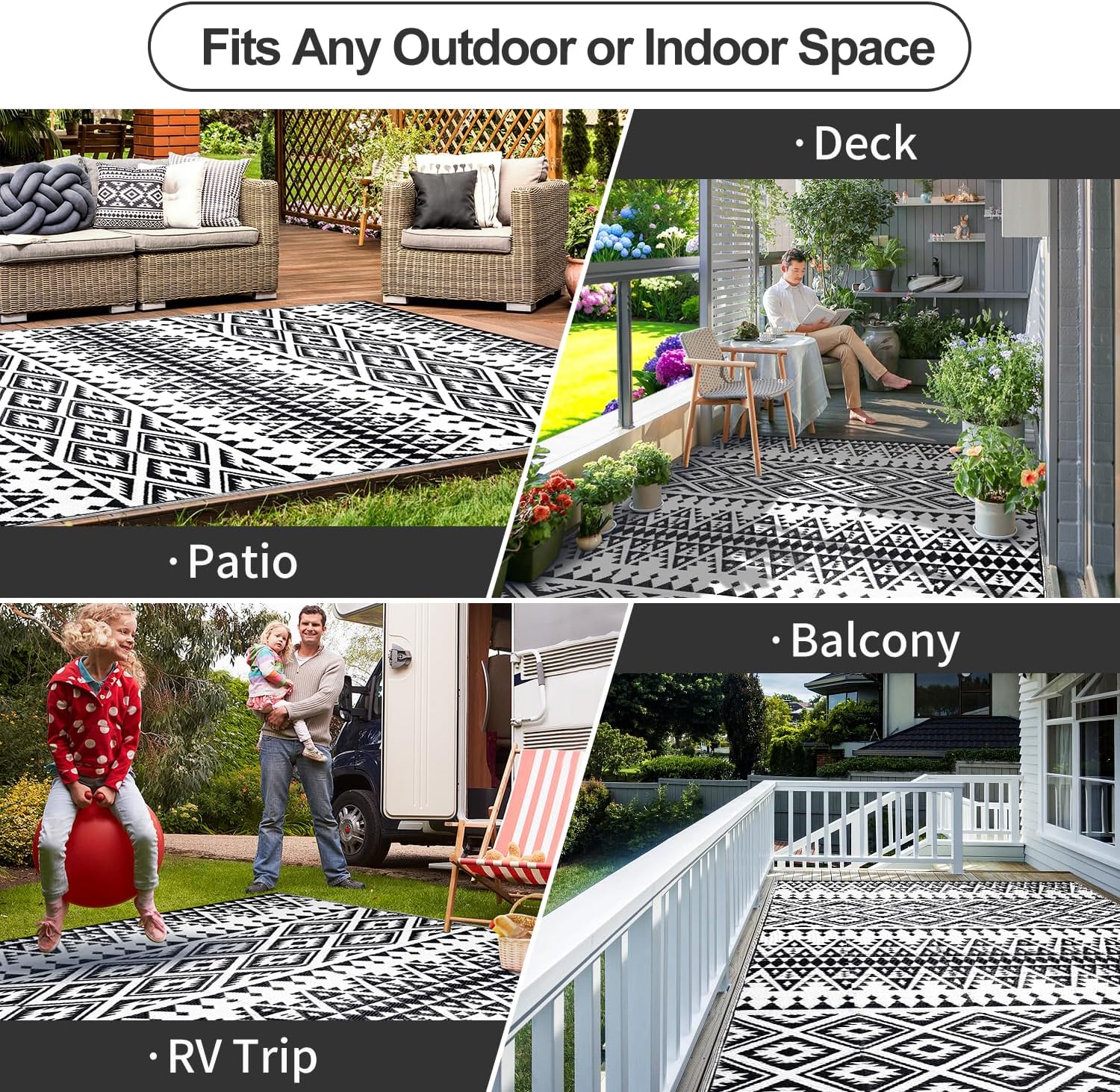Waterproof Outdoor Rug 5x8ft, Bohemia Reversible Plastic Straw Mat for Patio RV Deck Porch Backyard Balcony Camping Picnic Beach Indoor Outdoor Carpet, Black&White