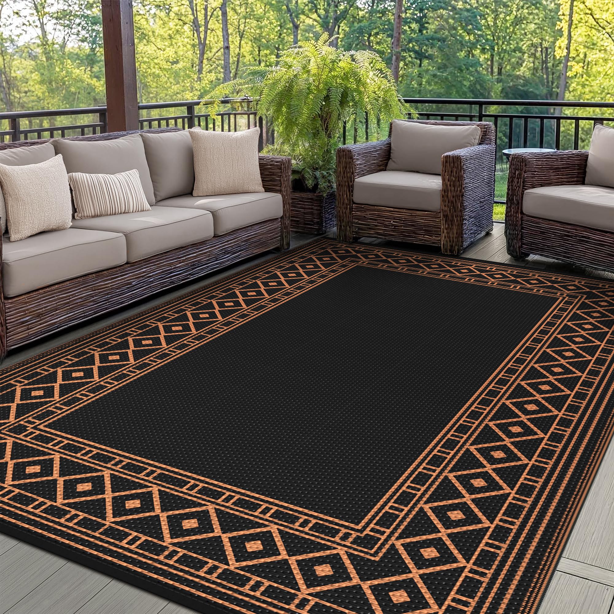 GENIMO Outdoor Rug Waterproof for Patio Decor, 5'x8' Reversible Plastic Straw Rug Carpet, Camping Mat for Outdoor, RV, Backyard, Deck, Balcony, Picnic, Beach, Coffee & Beige