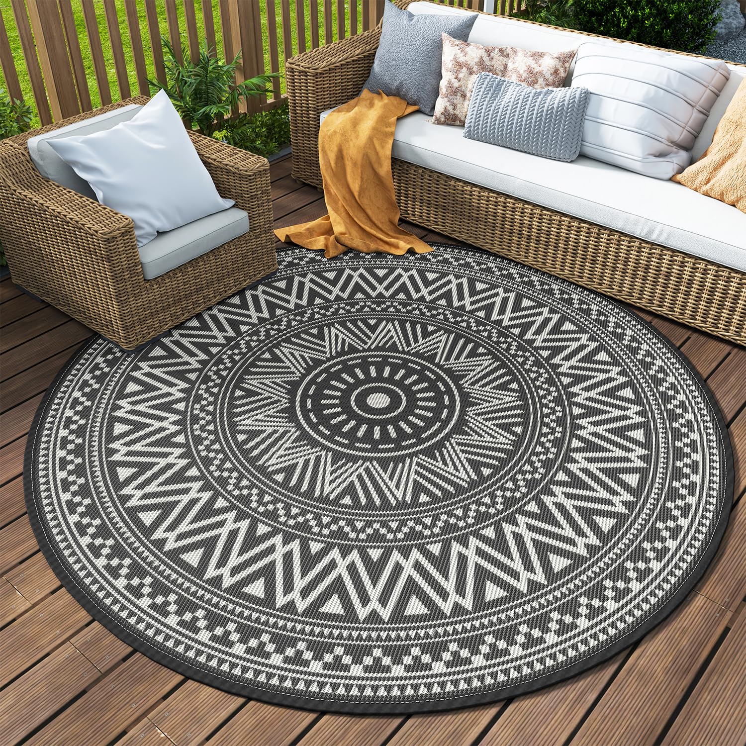 MontVoo Outdoor Rug Carpet Waterproof 5x8 Outdoor Patio Rug Mat Reverisble Plastic Straw Outdoor Rug for RV Camping Picnic Beach Balcony Boho Grey