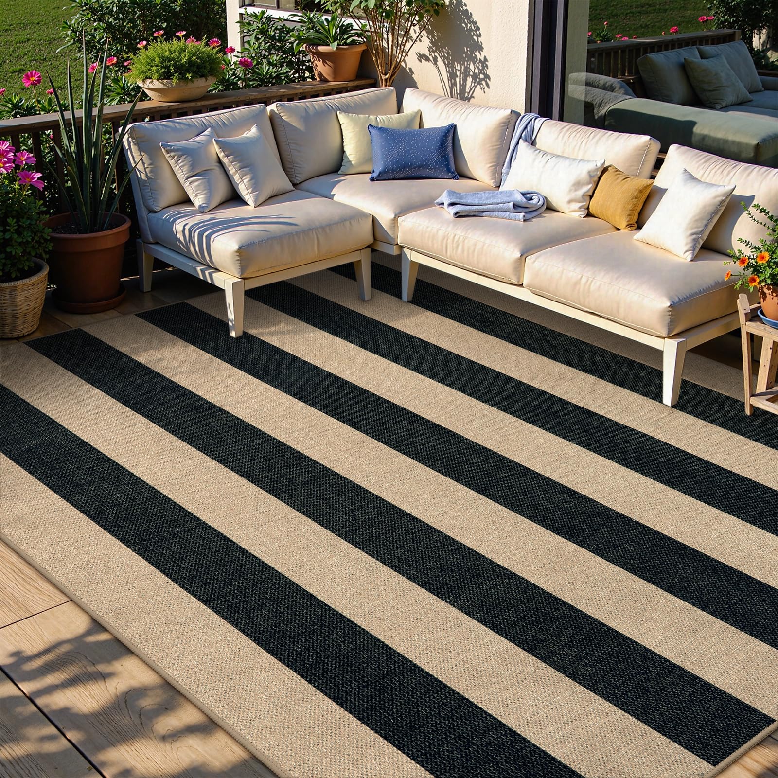 Lahome Striped Easy Jute Outdoor Patio Rug, 3x5 Washable Rugs for Entryway Porch, Farmhouse Neutral Non Shedding Indoor Outdoor Carpet for Entry Kitchen Guestroom Deck Foyer