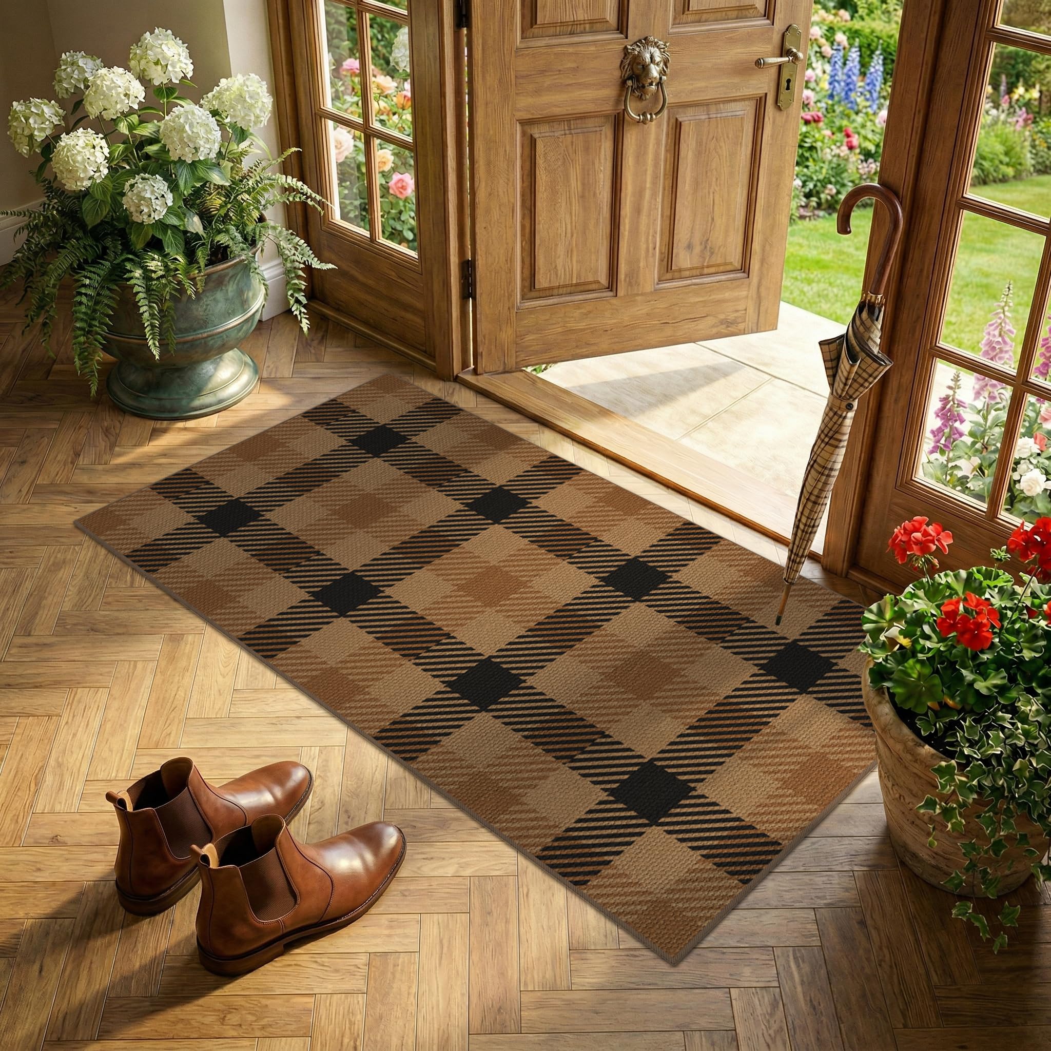 Washable Plaid Indoor Outdoor Rug 3x5 for Front Porch, Entryway, Patio, No Shed Easy Jute Non Slip TPR Backing Area Rug for Large Kitchen, Farmhouse Black & Tan Checkered Seegrass Aesthetic