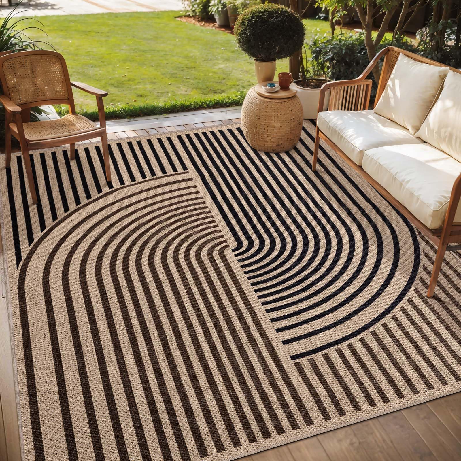Tangsoo Rainbow Easy Jute Rug 5x7 Large Washable Area Rug for Living Room,Black Non-Slip Thin Outdoor Rug,Modern Farmhouse Indoor Carpet for Dining Room Table Bedroom Patio
