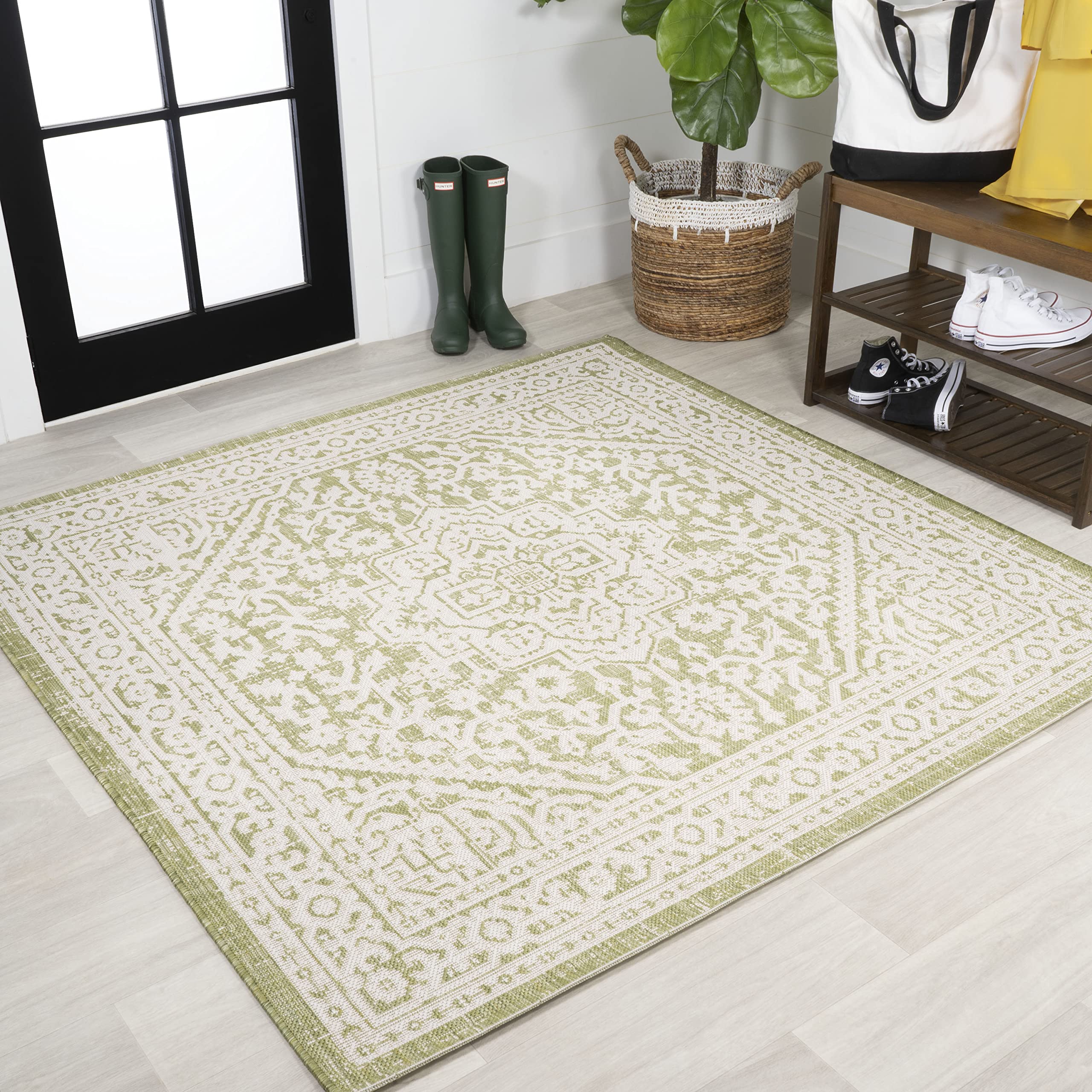 JONATHAN Y Medallion Weave Indoor Outdoor Area Rug 9X12 Teal Blue/Gray, Sinjuri Textured for Backyard, Patio, Porch, Easy-Cleaning, High Traffic, Pet-Friendly, Non-Shedding (SMB101C-9)