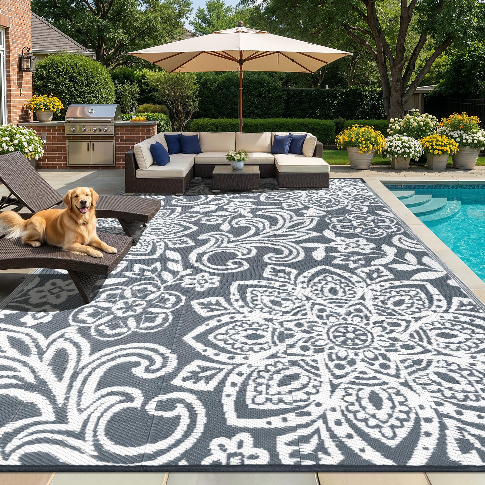 Findosom Waterproof Outdoor Rug 8' x 10' - Reversible Mandala Outdoor Plastic Straw Rug, Durable Foldable Patio Rug for RV, Deck, Balcony, Backyard, Picnic, Porch, Camping, Beach, Gray