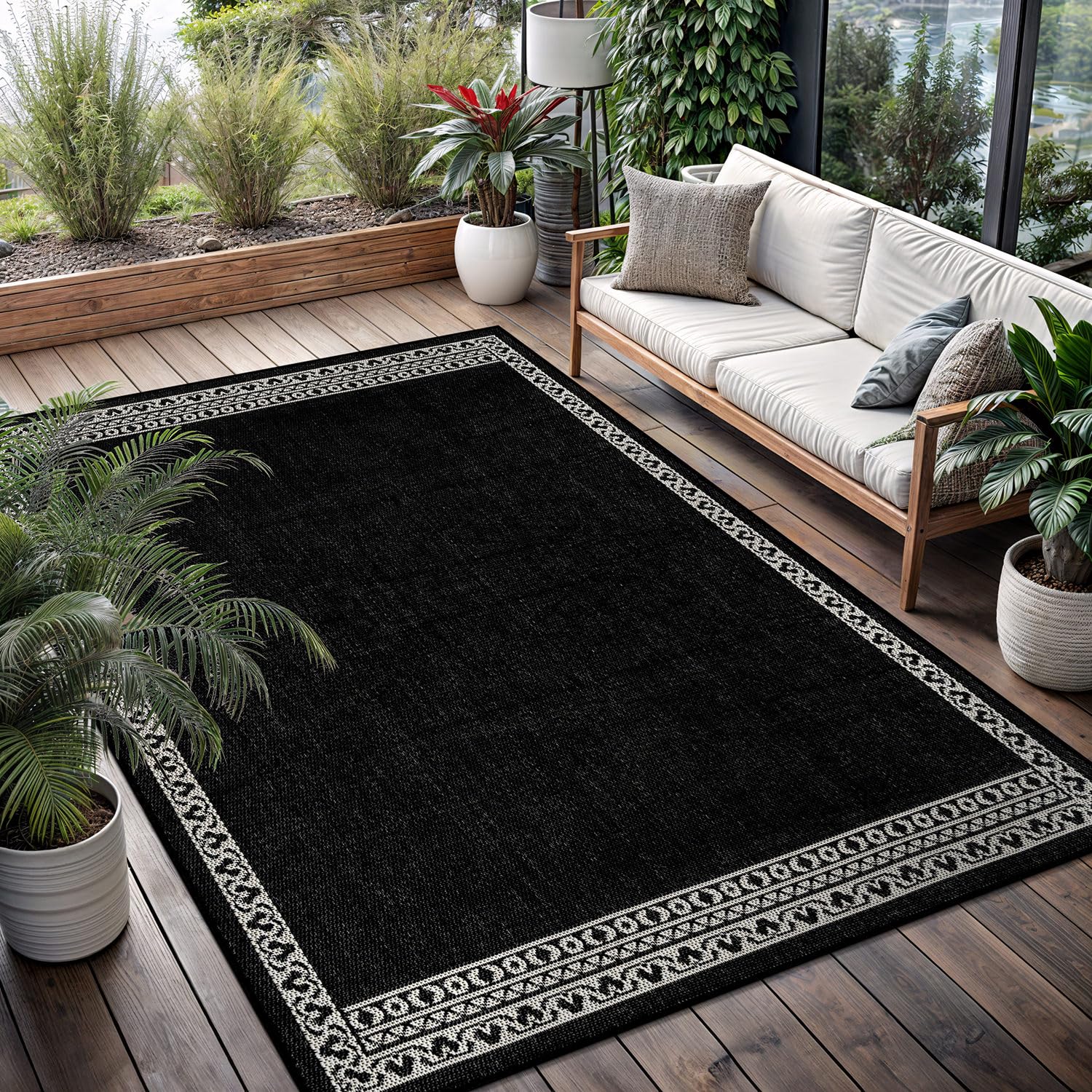 Washable Outdoor Rug 5x7 Modern Area Rugs Outdoor Carpets Striped Pattern Non Shedding Waterproof Easy Clean Patio Deck Porch Living Room Bedroom Garden RV (5 X 7 Olive)