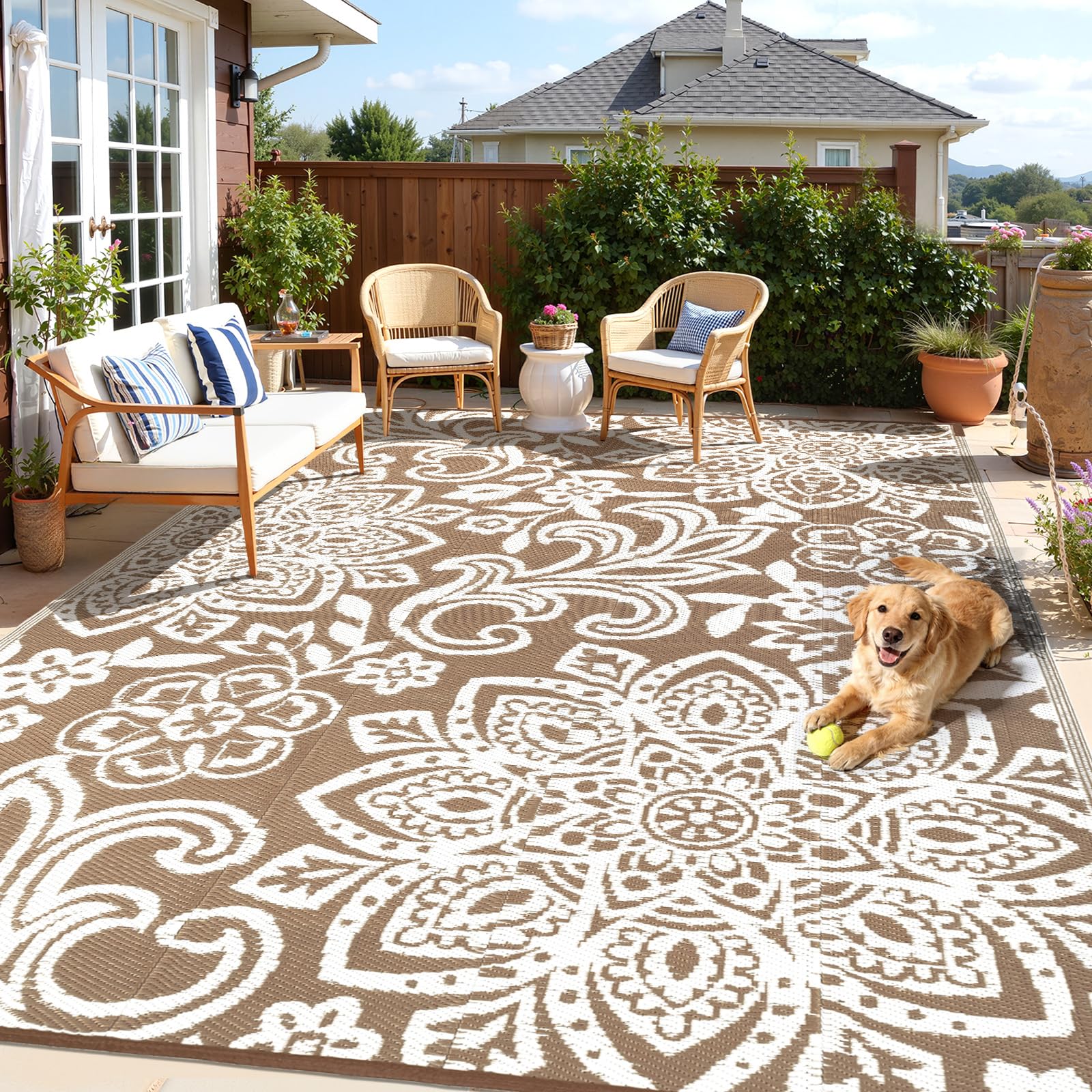 Findosom Waterproof Outdoor Rug 8' x 10' - Reversible Mandala Outdoor Plastic Straw Rug, Durable Foldable Patio Rug for RV, Deck, Balcony, Backyard, Picnic, Porch, Camping, Beach, Gray